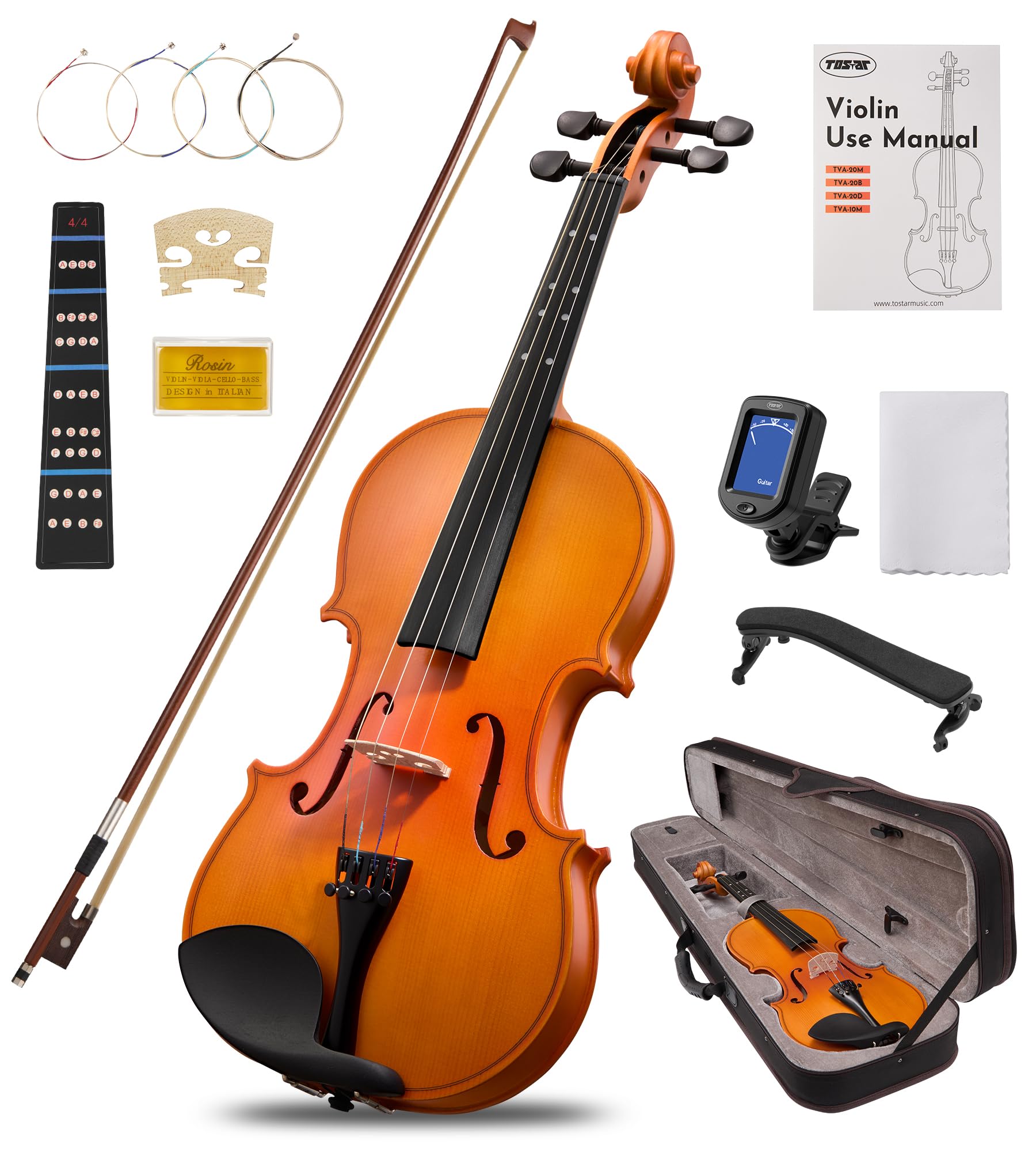 Tostar Acoustic Violin Full Size 4/4 Violin Set Starter Kit with Carrying Case, Violin Bow, Bridge, Rosin, Shoulder Rest, Stickers, Instruction Extra Strings for Beginner Retro Matte