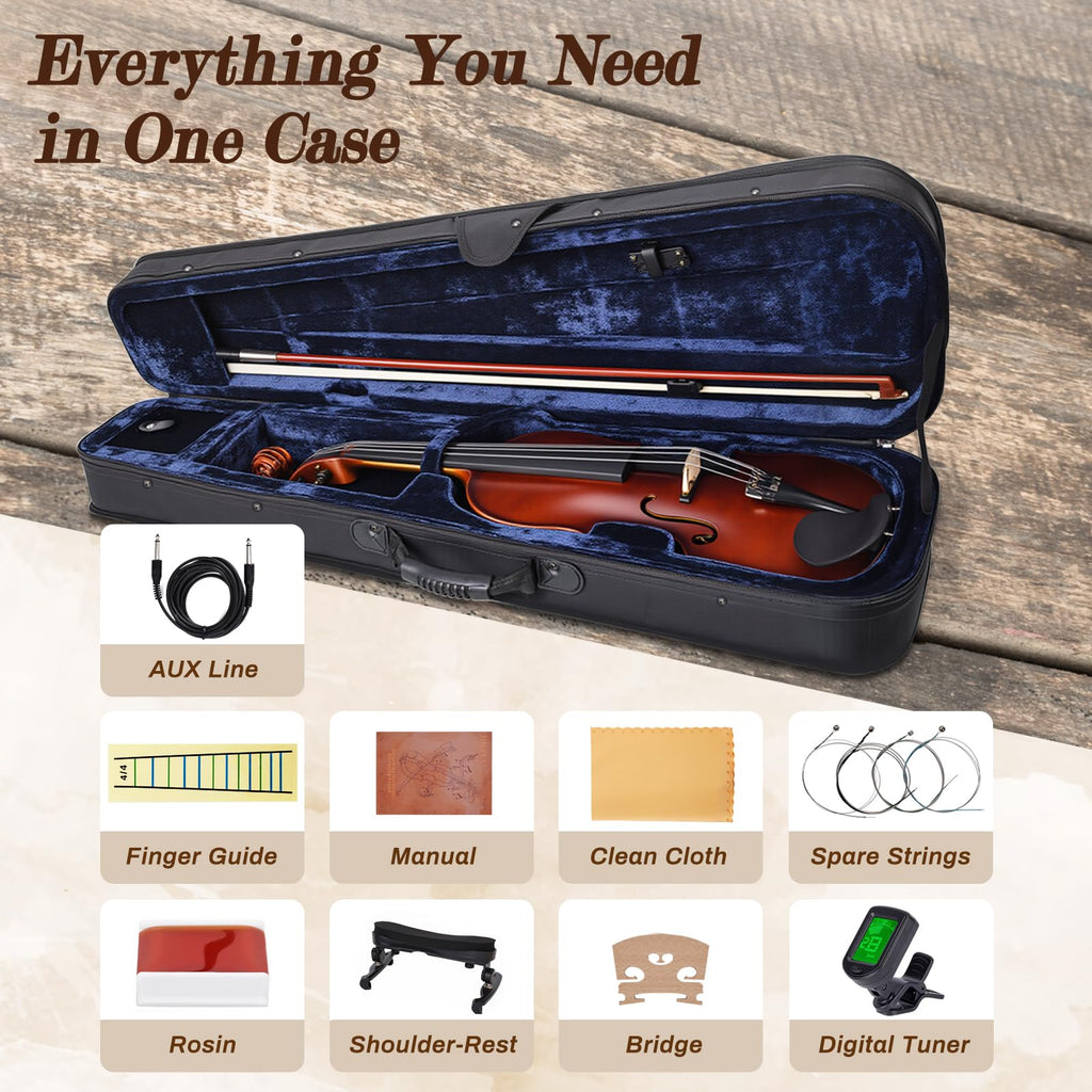 Electric/Acoustic Violin with Ebony Accessories with Carrying Case, Violin Bow, Bridge, Shoulder Rest, Stickers, Tuner, Instruction, Handcraft with Maple, Spruce (White)