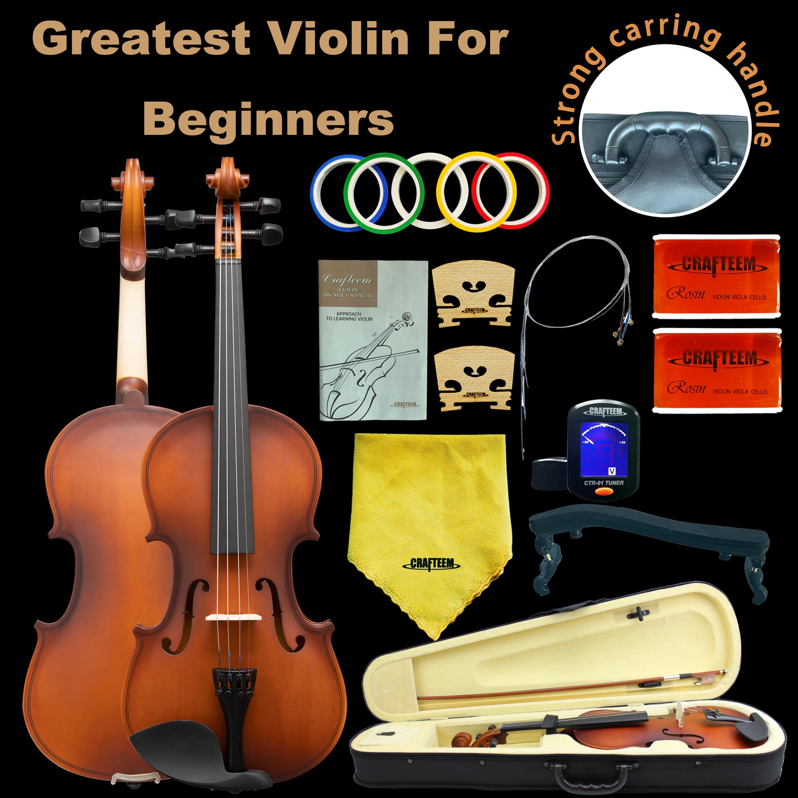 Crafteem Spruce and Maple Solid Wood Violin Outfit for Beginner Kids & Adults -Craft Your Perfect Sound and Begin Your Musical Journey with Confidence. (Glossy Antique, 1/2)