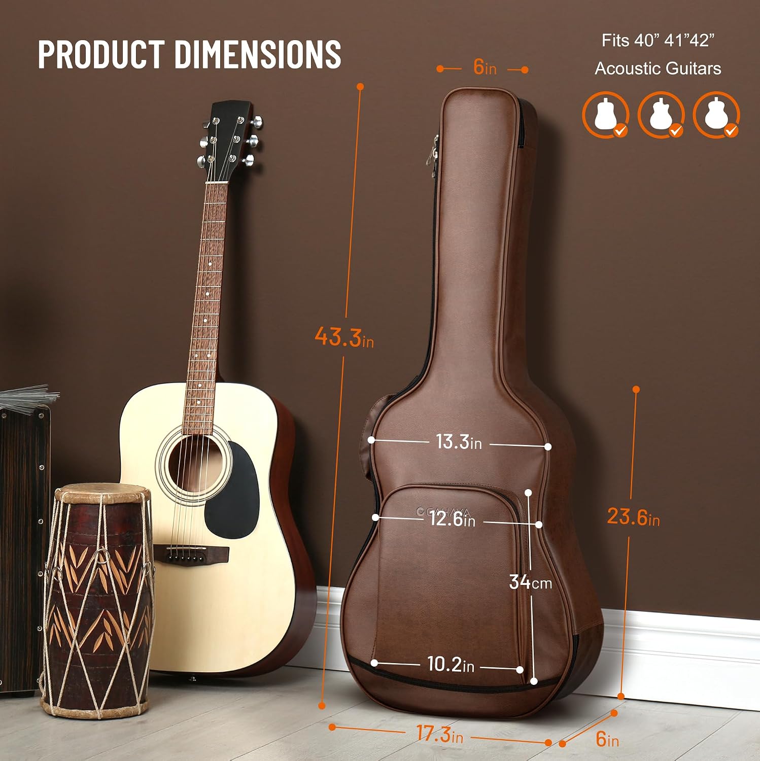 CAHAYA Guitar Case Acoustic Bag - 0.8in Thick Padding Guitar Gig Bag Waterproof PU Design for Easy Cleaning Fits 40 41 42in Acoustic Guitars Travel Acoustic Case with Adjustable Shoulder Straps