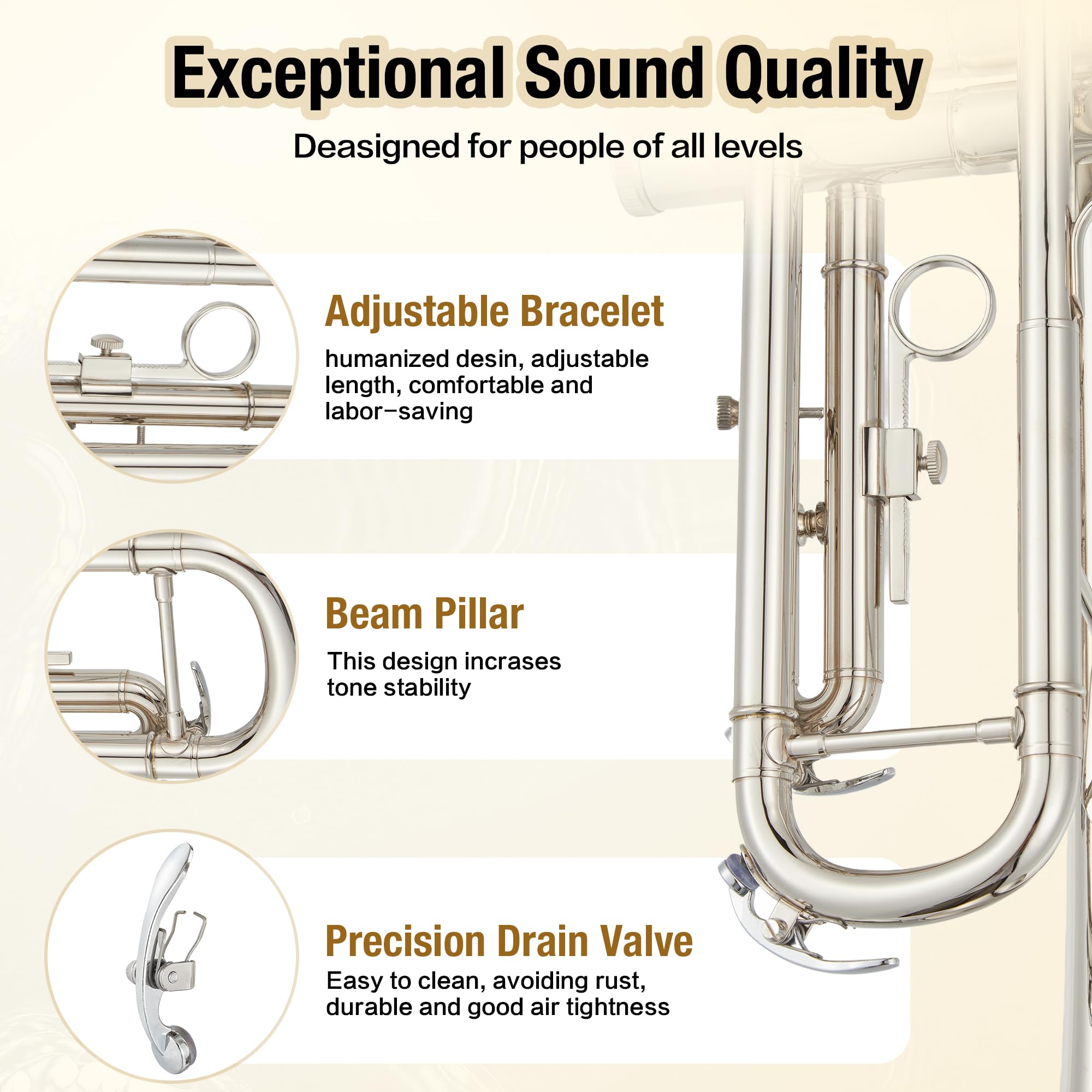 Senfot Brass Standard Trumpets with Bag, Mouthpiece, Strap, Gloves, Cleaning cloth, Trumpet oil; Exceptional Sound Quality Instrument for Band, Lessons & Practice