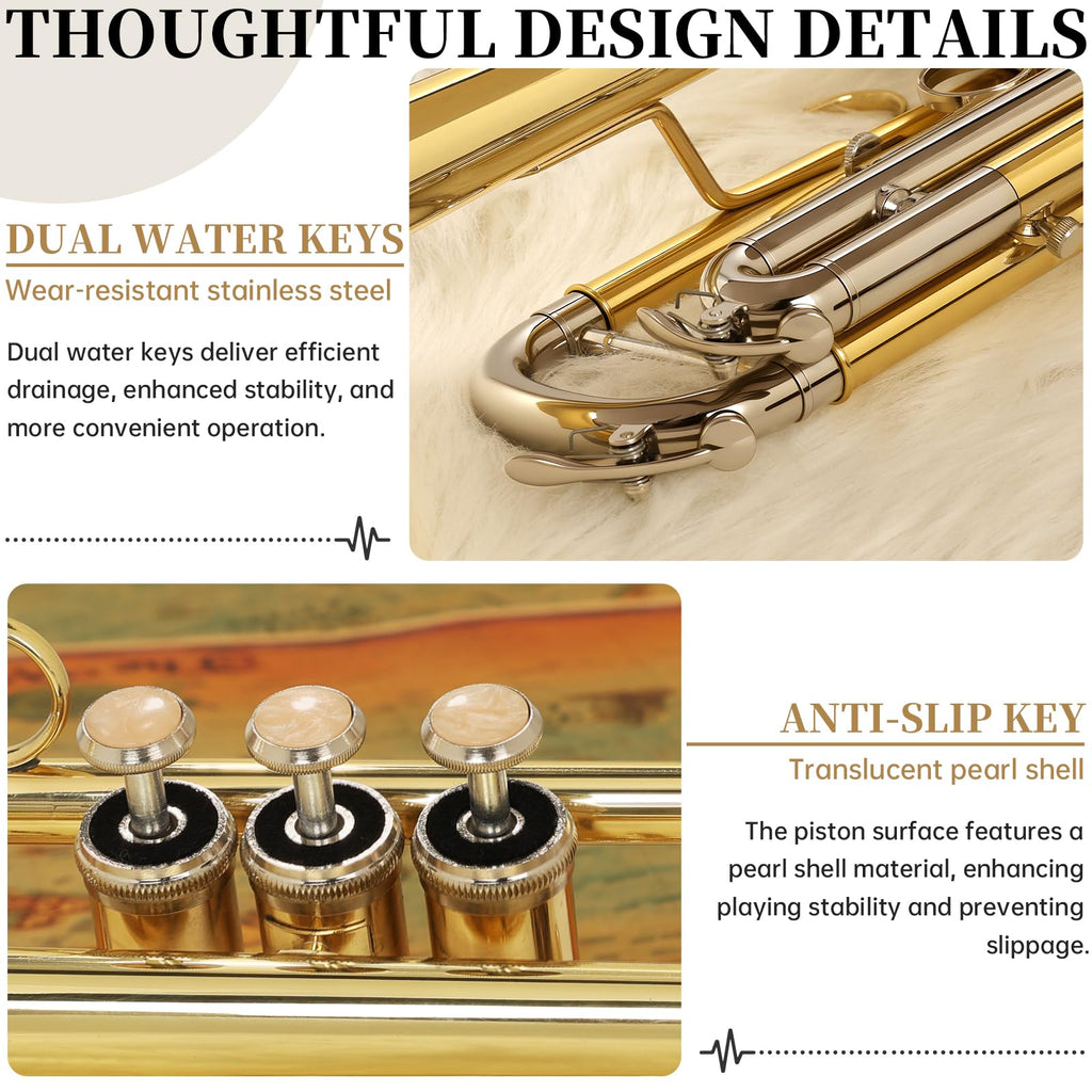 Kmise Bb Standard Trumpet, Premium Brass Trumpets for Student Beginner, Trumpet Instrument Set with Upgraded Case, 7C Mouthpiece, Mute, Beginner's Guide Kit, Cleaning Kit (Gold)