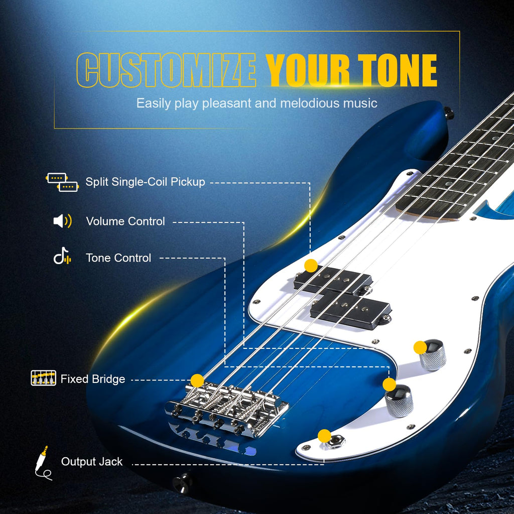 GLARRY Full Size Electric Bass Guitar Beginner Kit 4 String Exquisite Basswood Bass with 20W AMP, Cable, Strap, Bag and Accessories (Black, 39"Right Handed)
