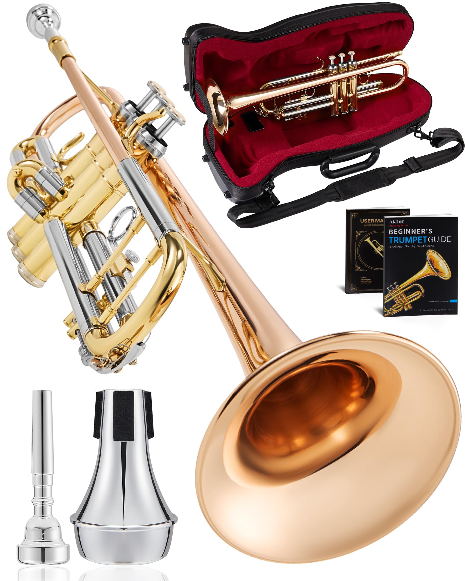 AKLOT Hand-Hammered Bell Bb Trumpet: Smooth Valve Action, Clear-Lacquered Brass Body, Standard Trumpet Beginner Set with Leather Case, Lesson Book, Trumpet Mute, Mouthpiece, Cleaning Kit (SNR-BrzED)