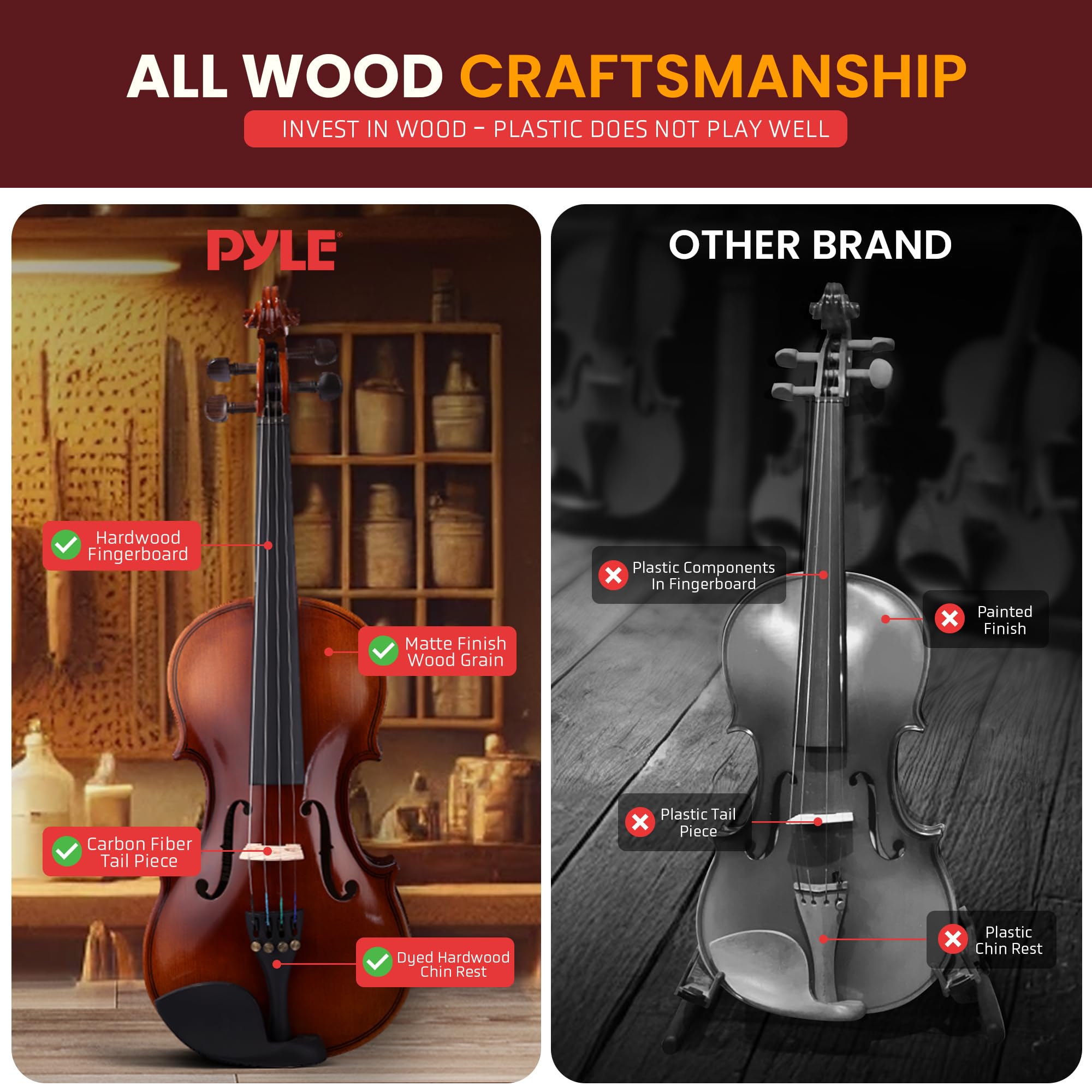 Pyle 4/4 Full Size Acoustic Violin for Beginners – Complete Violins Set with Hard Case, Bow, Extra Strings, Rosin, Full Accessories Kit - Mobile App Tuner 2 Month Free Lessons for Kids & Adults
