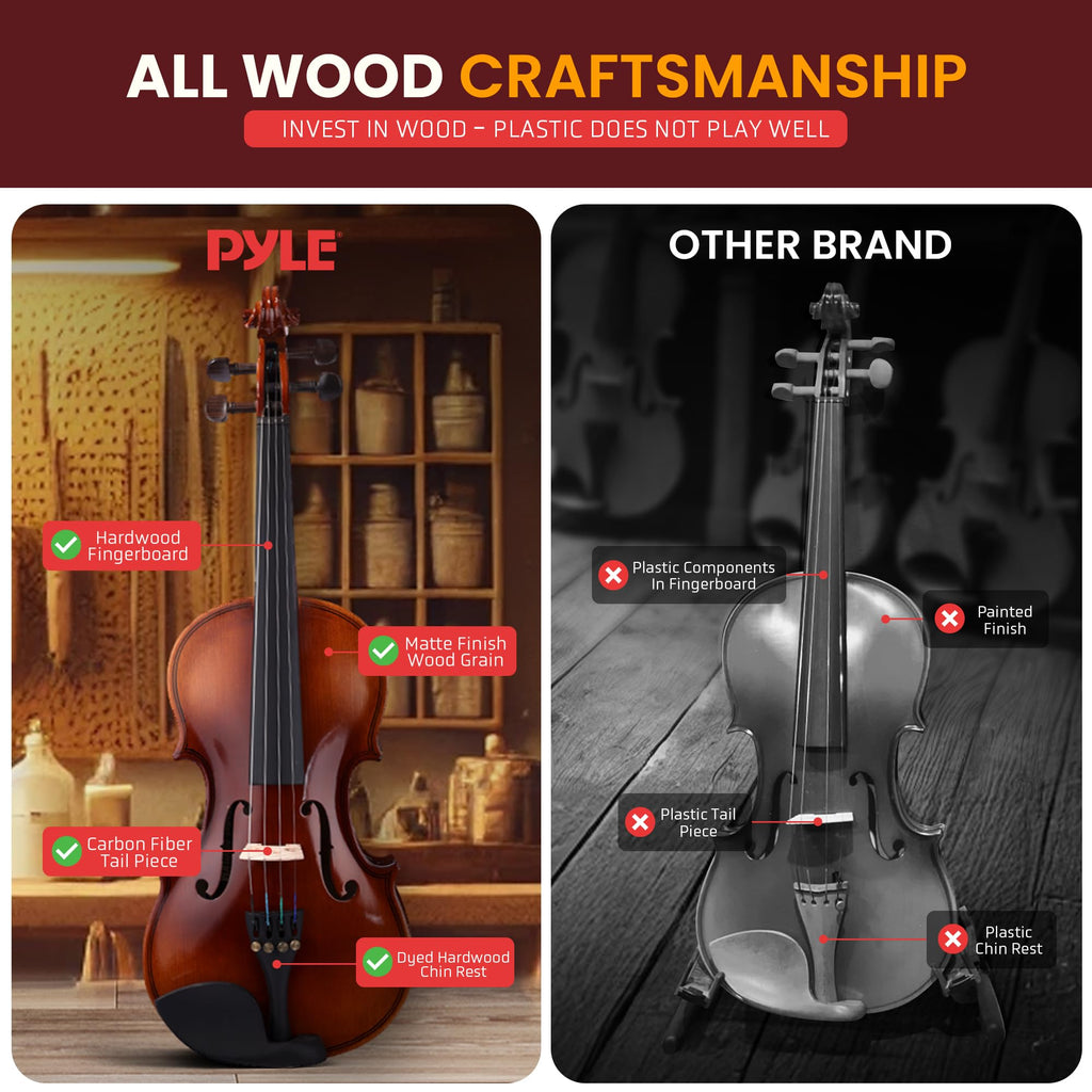 Pyle 4/4 Full Size Acoustic Violin for Beginners – Complete Violins Set with Hard Case, Bow, Extra Strings, Rosin, Full Accessories Kit - Mobile App Tuner 2 Month Free Lessons for Kids & Adults