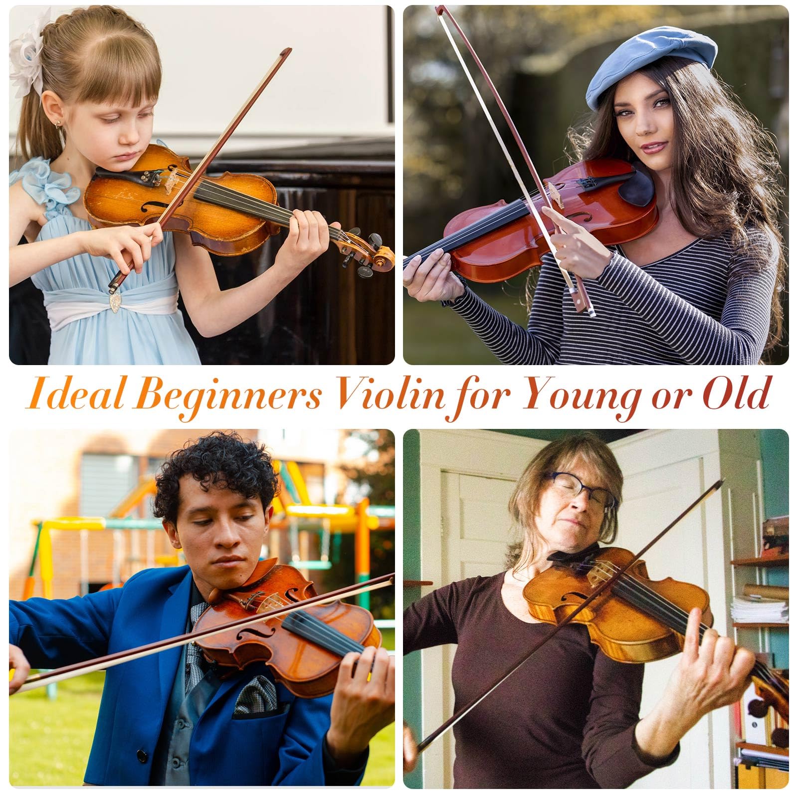 Acoustic Violin 4/4 Full Size, Solid Wood Fiddle for Beginners Adults, Ebony Fitted Satin Antique Finish Violin Starter Kit with Hard Case