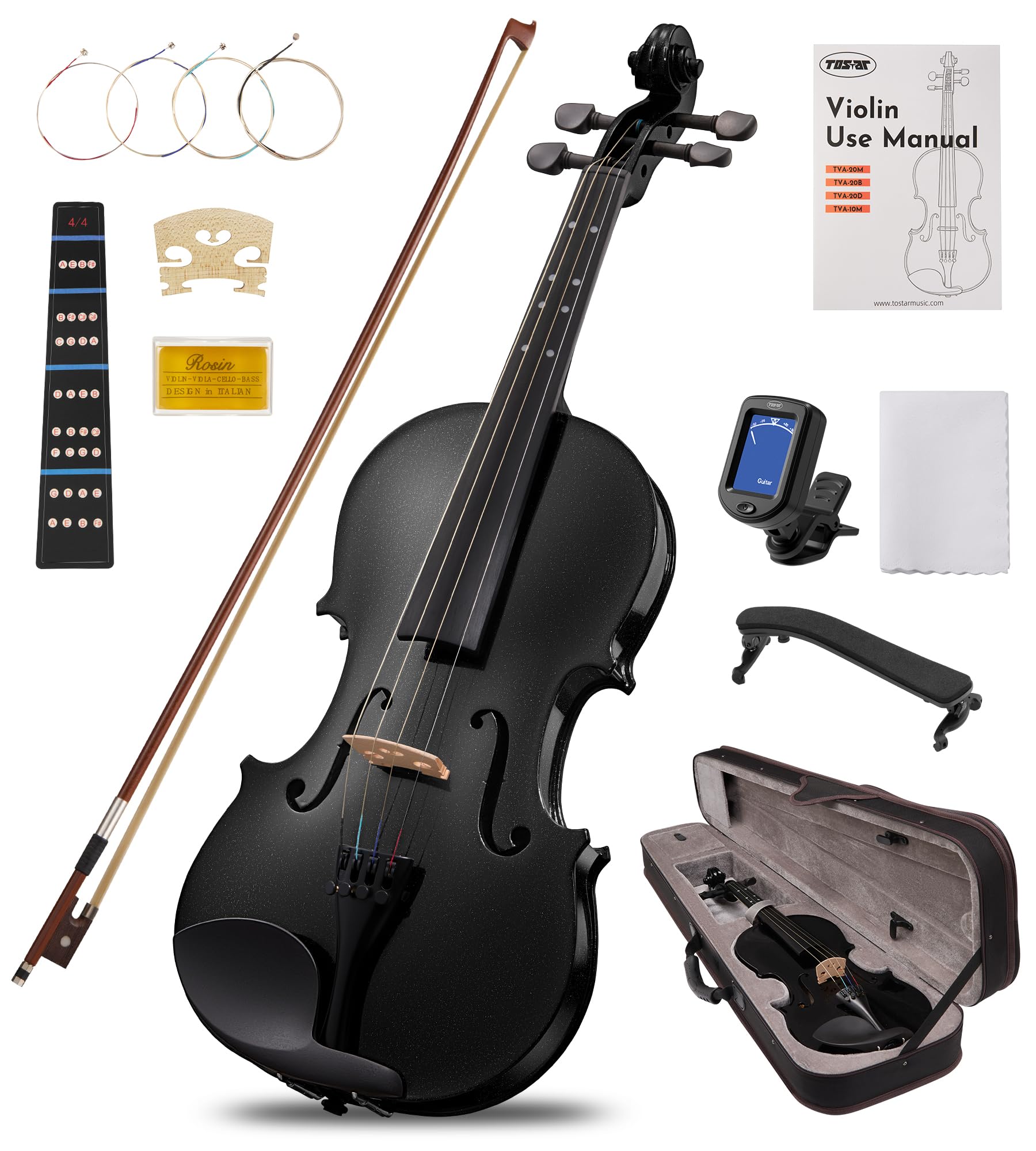 Tostar Acoustic Violin Full Size 4/4 Violin Set Starter Kit with Carrying Case, Violin Bow, Bridge, Rosin, Shoulder Rest, Stickers, Instruction Extra Strings for Beginner Retro Matte