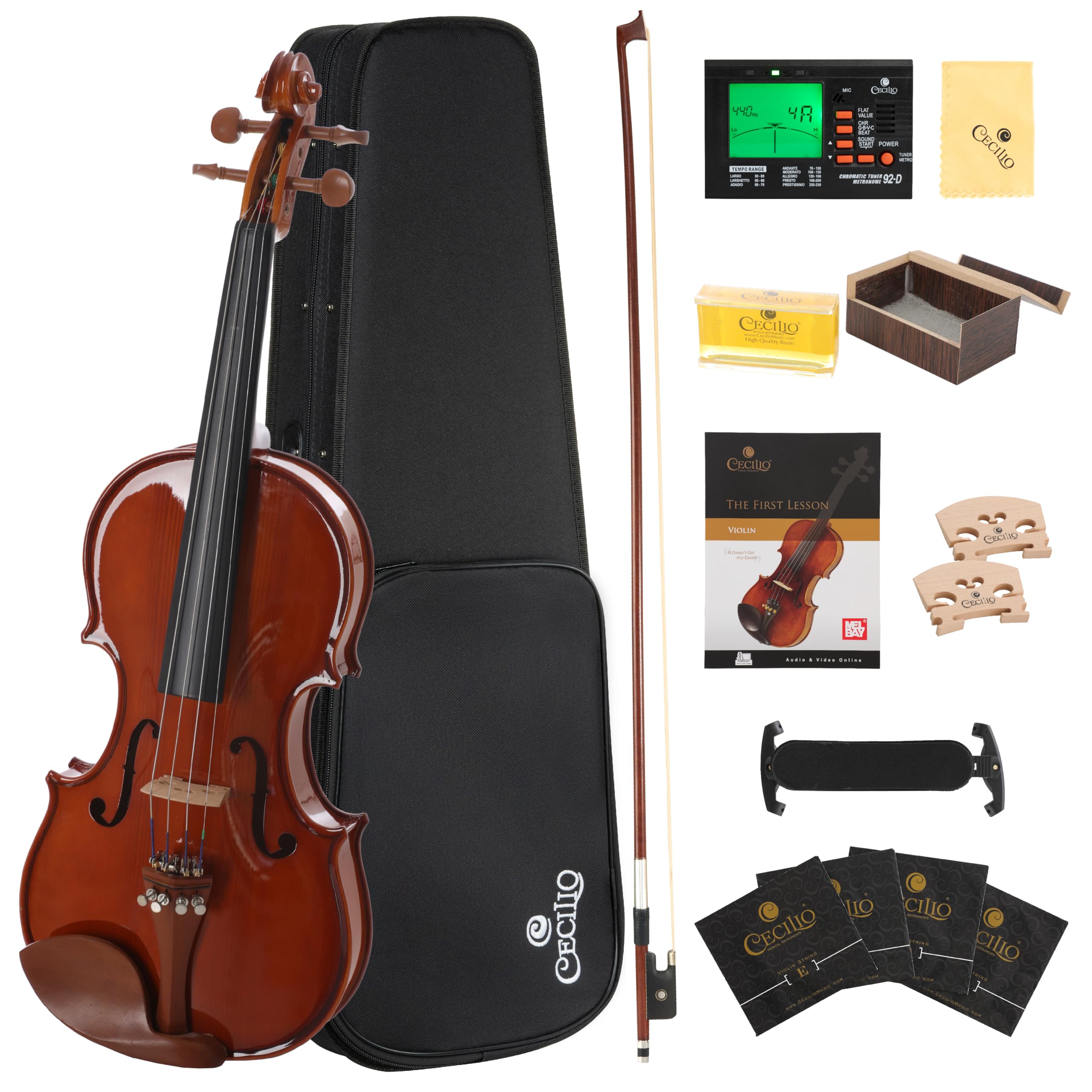 Cecilio 1/2 Size Natural Varnish Violin for Beginners, Hand-Carved Solid Spruce Top, Maple Back & Sides, Full Fiddle Kit with Hard Case, Bows, Rosin, Shoulder Rest, Lesson Book