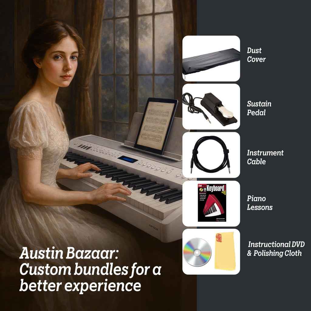Roland FP-60X 88-Key Digital Piano - White Bundle with Adjustable Stand, Bench, Deluxe Sustain Pedal, Online Piano Lessons, Instructional DVD, and Austin Bazaar Polishing Cloth