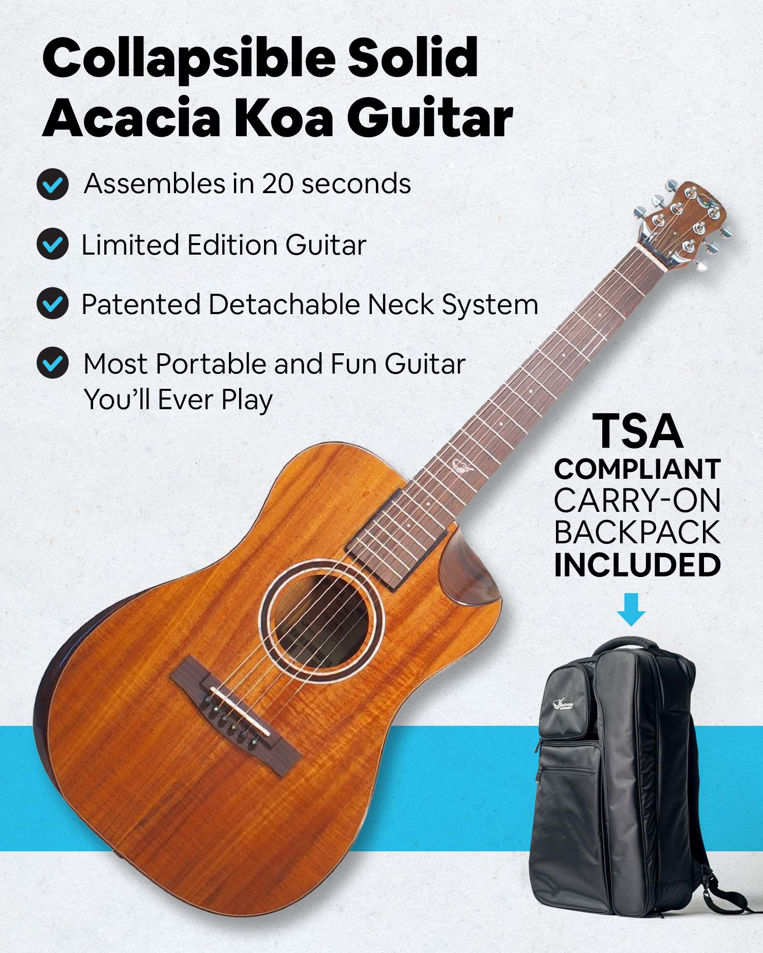Journey Instruments Solid Sitka Acoustic Collapsible Travel Guitar PJ410N | Traveling Acoustic Guitar with Collapsible Patented System, Portable Backpack Case (African Mahogany)