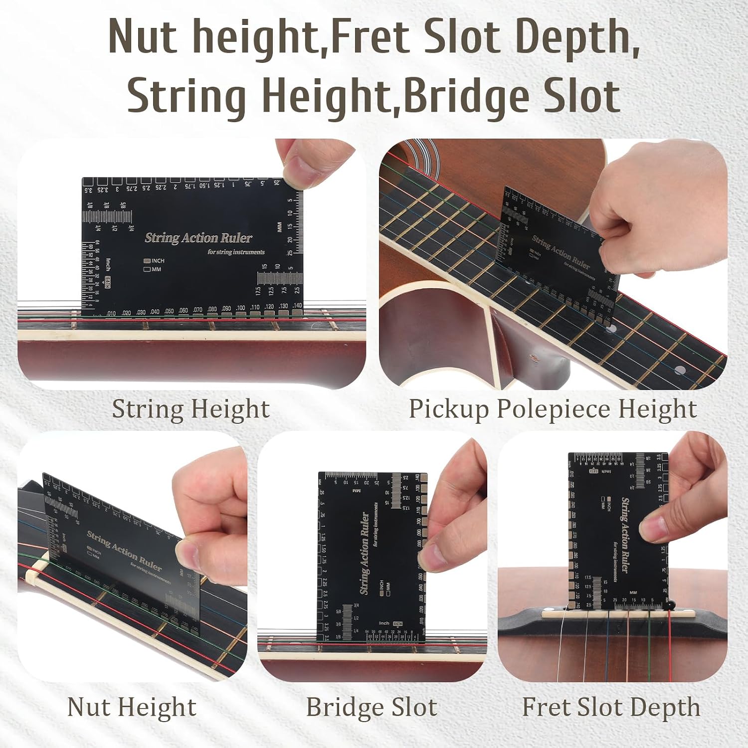 10 Pcs High Contrast Luthier Set up Tools Guitar Luthier Tools 9 Pcs Understring Guitar Radius Gauge and 1 String Action Height Gauge Ruler Measuring Tool Kit for Guitars Bass Setup Accessory