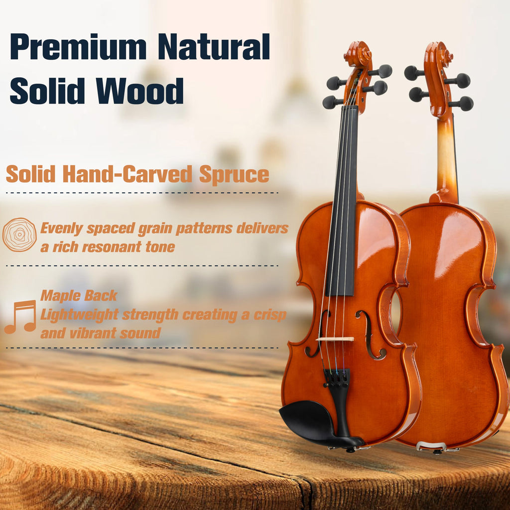 Mendini By Cecilio Violin 4/4 Full Size For Beginners - Fiddle Solidwood Kit with Hard Case - Acoustic Violins with Bow, Rosin, Tuner, Extra Strings & Bridge, Shoulder Rest and Lesson Book (Varnish)