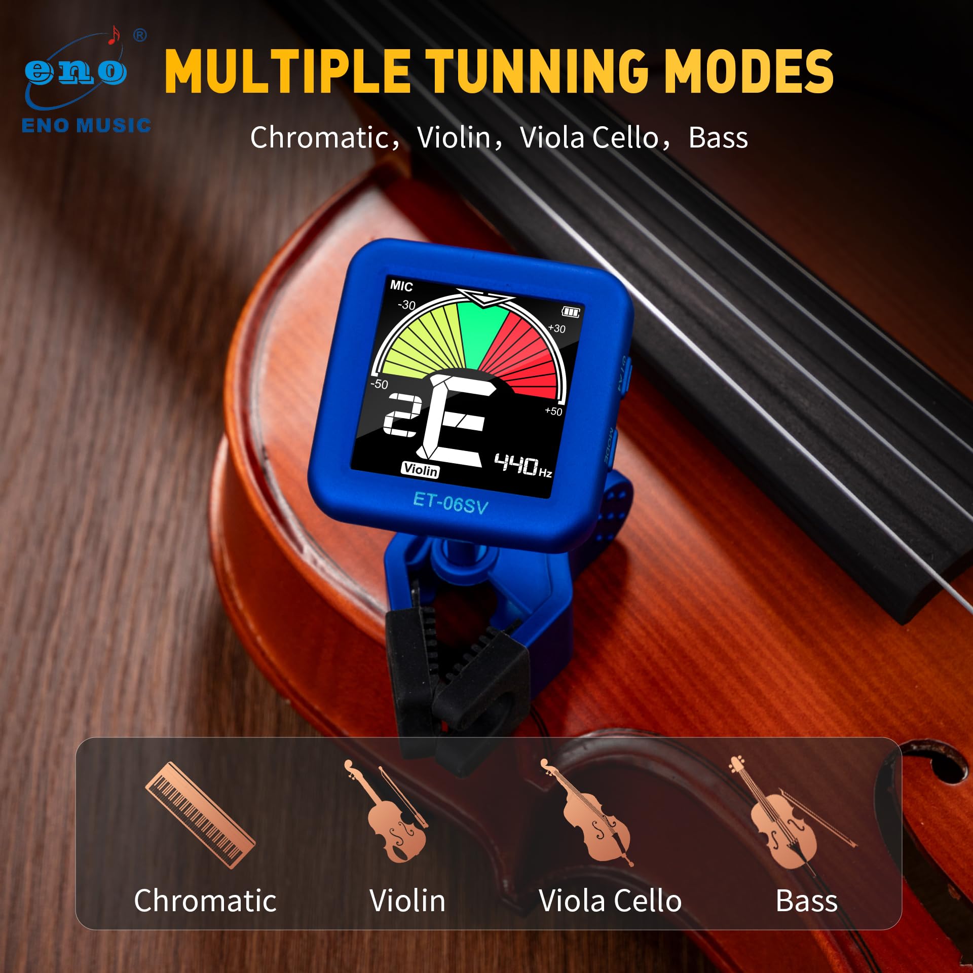 ENO MUSIC Rechargeable Type-C Quick Charge Easy Control Big LCD Display Easy Reading Clip-on Tuner for 4/4 Violin Viola Bass, Red