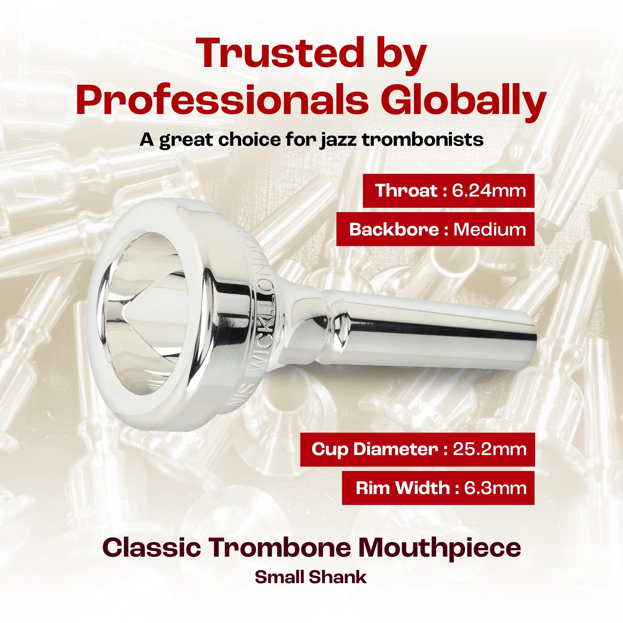 Denis Wick Classic Trombone Mouthpiece Silver Plated, 5880-4AL - Barrel Backbore for Balanced Tone & Smooth Response - Large Shank Fitting Trombone Accessory for Easy Articulation - 26 x 6.72 x 7.38mm