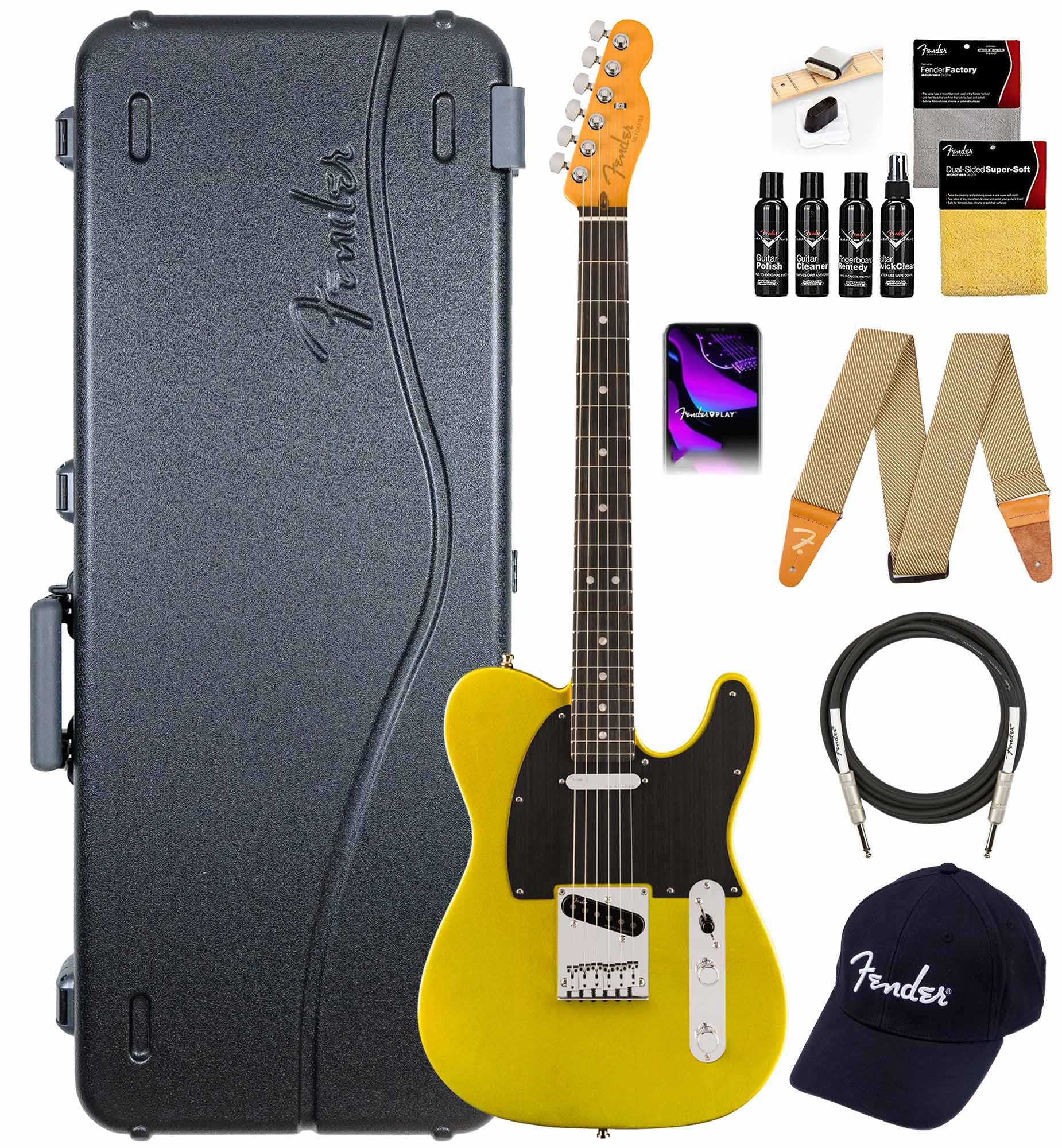 Fender American Ultra II Telecaster - Avalanche Bundle with Case, Strap, Cable, Hat, and Guitar Cleaning Kit