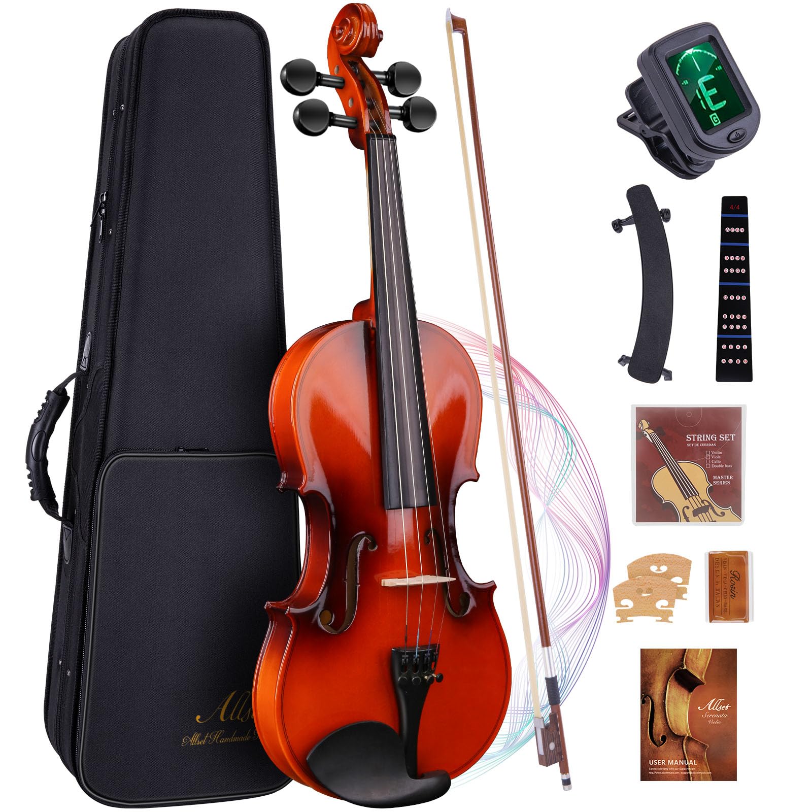 Allset Violin Fiddle Set: 4/4 Polished Violin Kit for Beginners, Acoustic Violin with Hard Case, Solidwood Handmade Starter Kit with Bow, Rosin, Shoulder Rest, Tuner, Strings-Burgundy (yellow, Full)