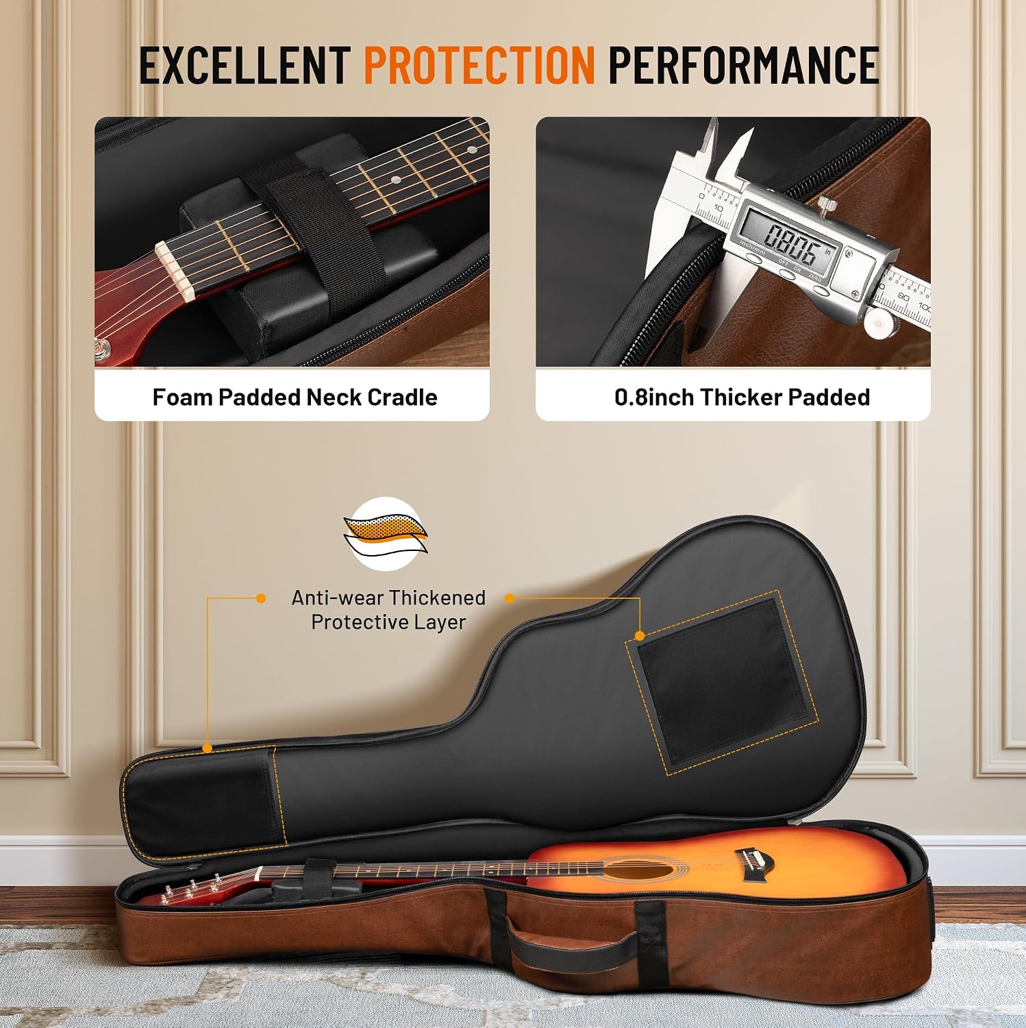 CAHAYA Guitar Case Acoustic Bag - 0.8in Thick Padding Guitar Gig Bag Waterproof PU Design for Easy Cleaning Fits 40 41 42in Acoustic Guitars Travel Acoustic Case with Adjustable Shoulder Straps