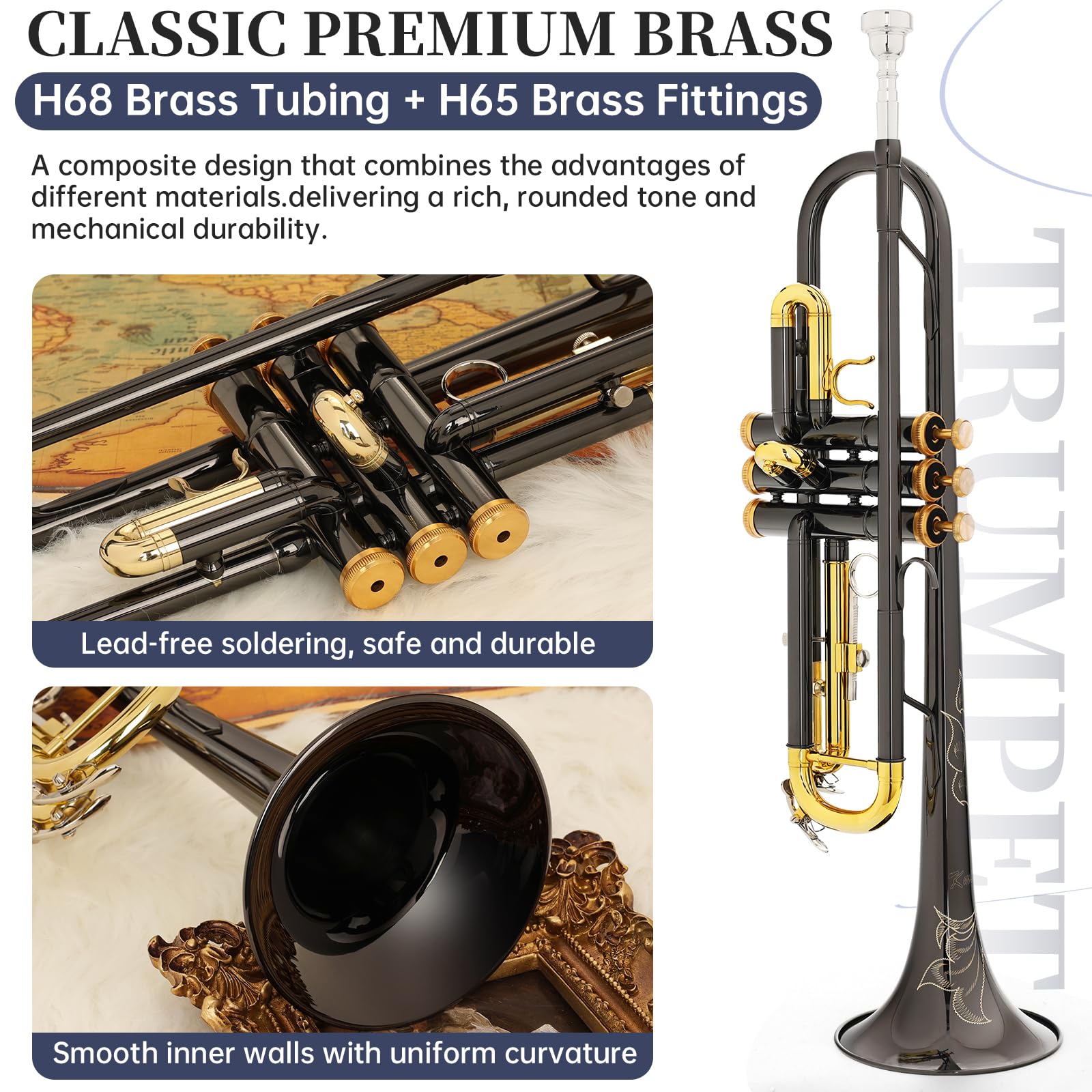 Kmise Bb Standard Trumpet, Premium Brass Trumpets for Student Beginner, Trumpet Instrument Set with Upgraded Case, 7C Mouthpiece, Mute, Beginner's Guide Kit, Cleaning Kit (Gold)