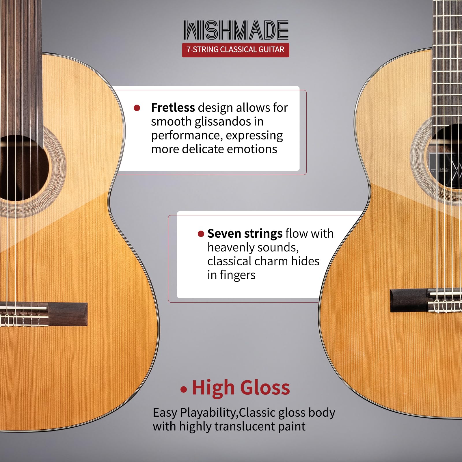 WishMade 7 String Acoustic Classical Nylon Guitar with Gig Bag | Red cedar top, rosewood fingerboard,Additional low B string for classical, jazz, flamenco, fingerstyle playing, adults