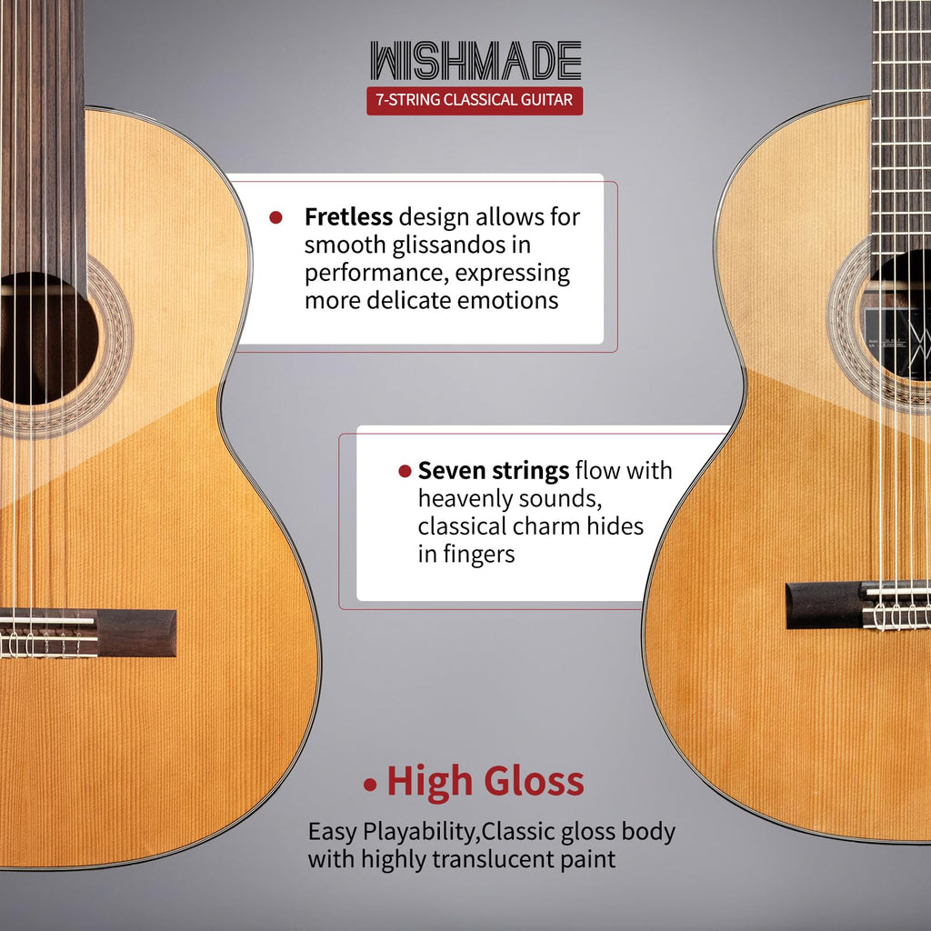 WishMade 7 String Acoustic Classical Nylon Guitar with Gig Bag | Red cedar top, rosewood fingerboard,Additional low B string for classical, jazz, flamenco, fingerstyle playing, adults