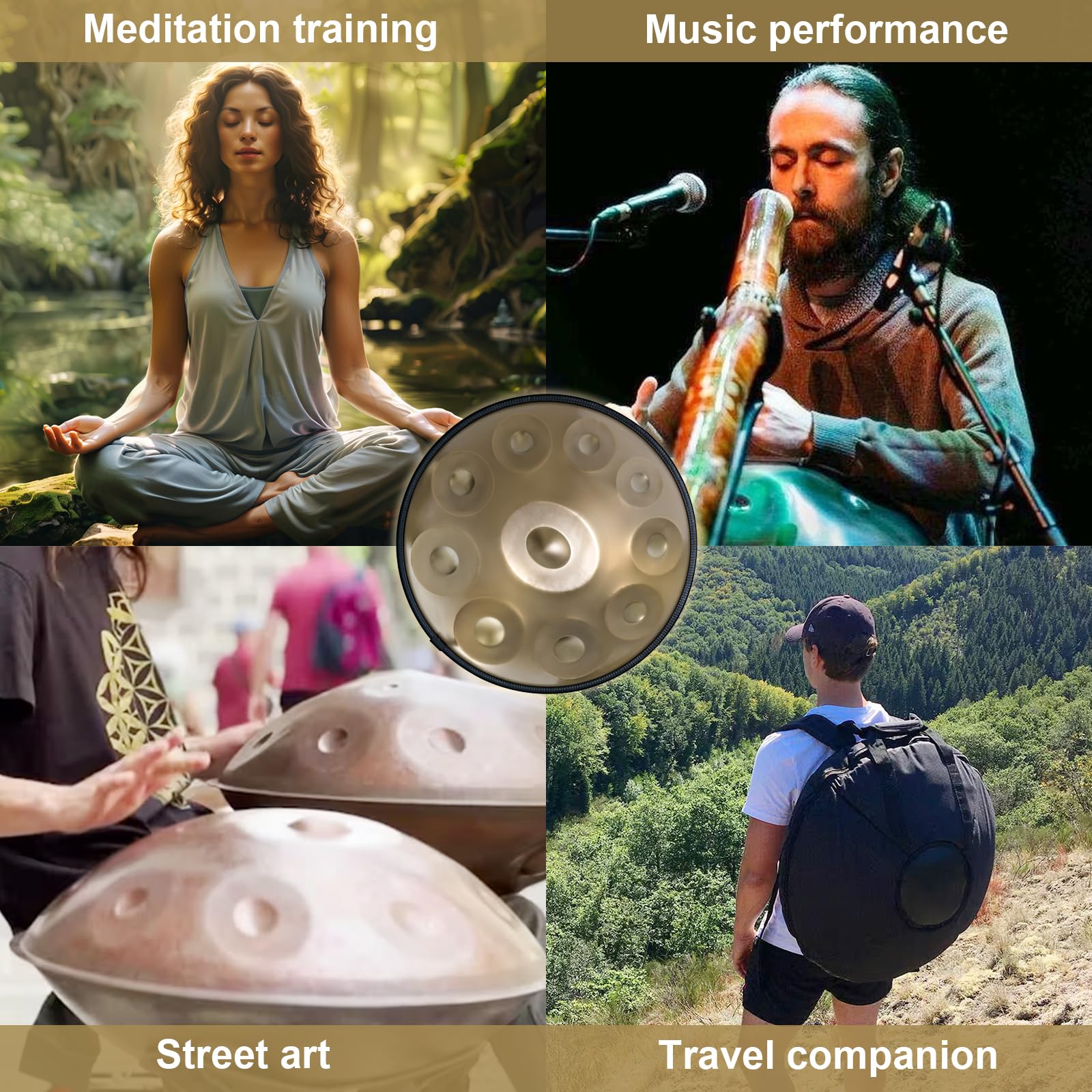 Handpan Drum 22 Inches D Minor Kurd, 432Hz 10 Notes Hand Drum Instrument, Premium Steel Drum, Handpan Instrument for Adults (Gold)