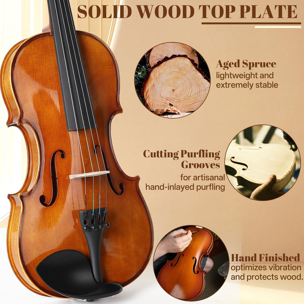 Kmise Violin 4/4 Full Set, Fingerboard Fret Markings Violins, Matte Acoustic Fiddle for Adults, Beginners, Students with Violin Case, Rosin, Strings, Bow, Shoulder Rest, Beginner's Guide (Matte, 4/4)
