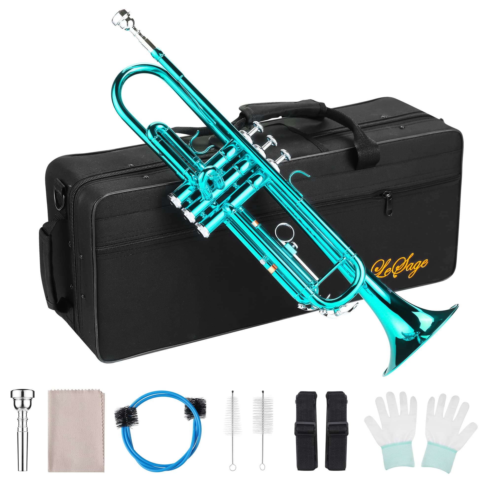 LeSage Bb Standard Trumpet Set for Beginner, Brass Student Trumpet with Carrying Case, Care Kit, Valve Oil, Cloth, 7C Mouthpiece & Gloves Silver