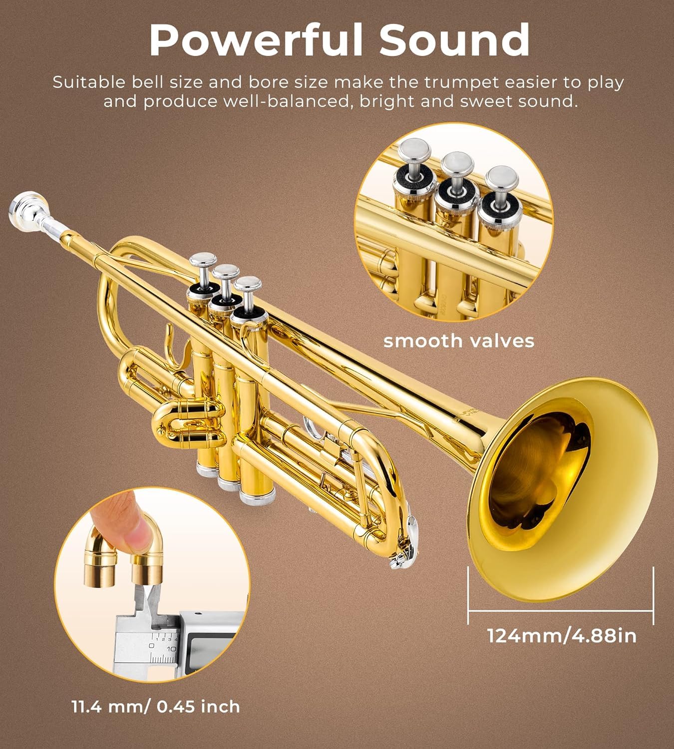 Vangoa Bb Trumpet Brass Standard Black Trumpet Instrument for Student School Band Orchestra Adult Kid Beginner with Hard Case, Stand, Cleaning Kit, White Gloves, Valve Oil and 7C Mouthpiece