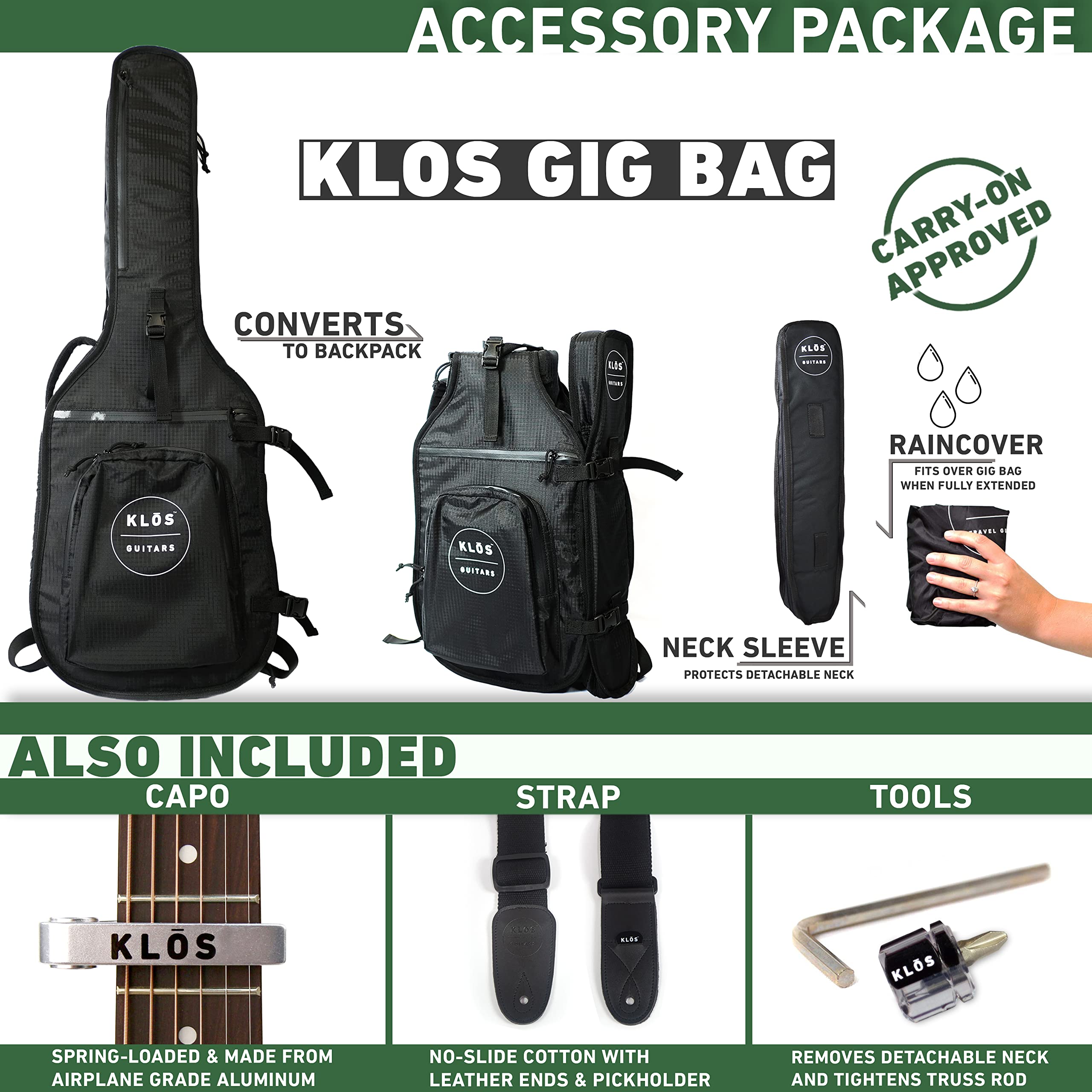 KLOS Full Size Guitar, Durable Carbon Fiber Acoustic Electric Guitar - Black with Gig Bag, Strap, Capo and more