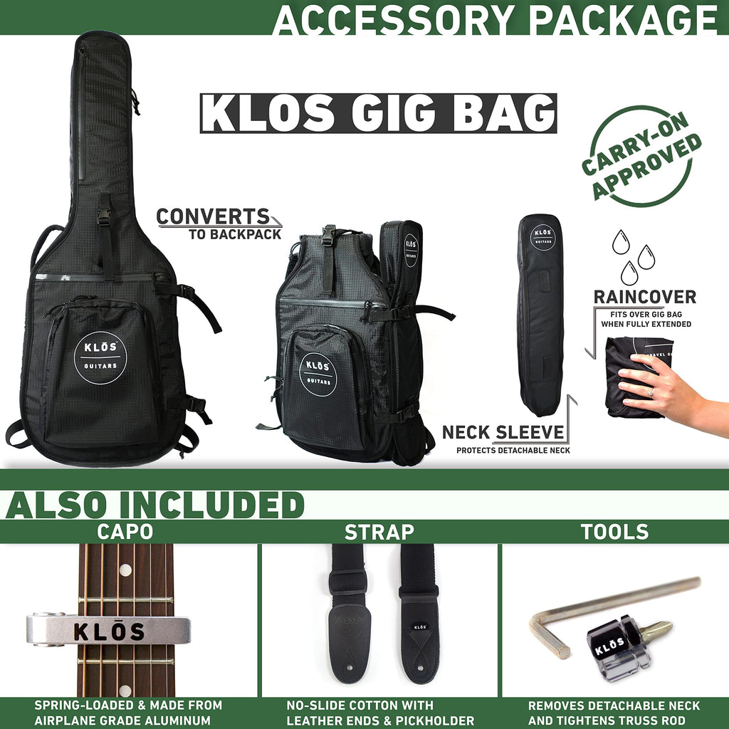 KLOS Full Size Guitar, Durable Carbon Fiber Acoustic Electric Guitar - Black with Gig Bag, Strap, Capo and more
