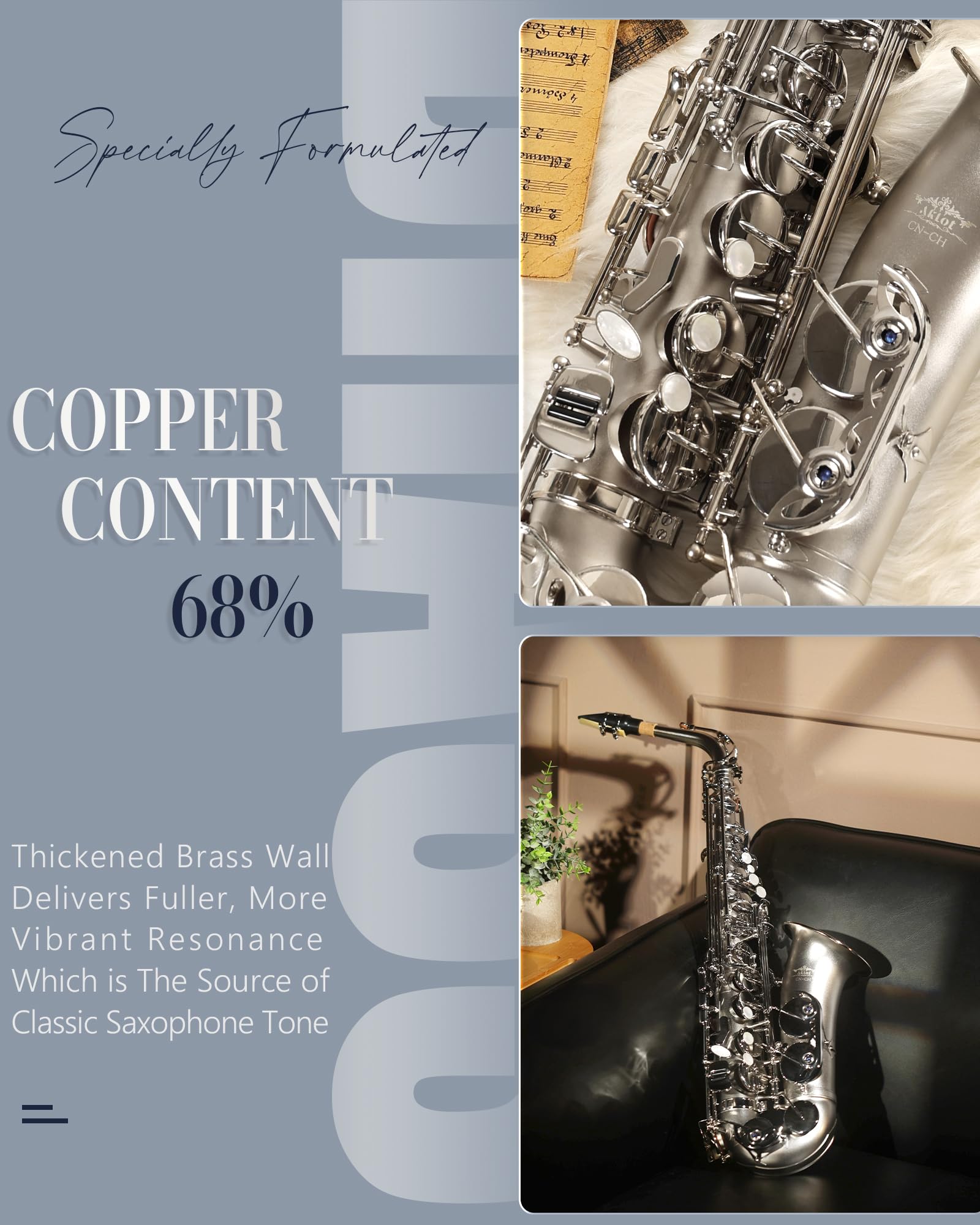 AKLOT Handcrafted E-Flat Alto Saxophone: Matte Silver Brass Body with Warm, Rich Tone, Secure Air Seal, Smooth 23-Key System, Includes Reeds, Premium Leather Case and Saxophone Cleaning Kit (CH-FM)