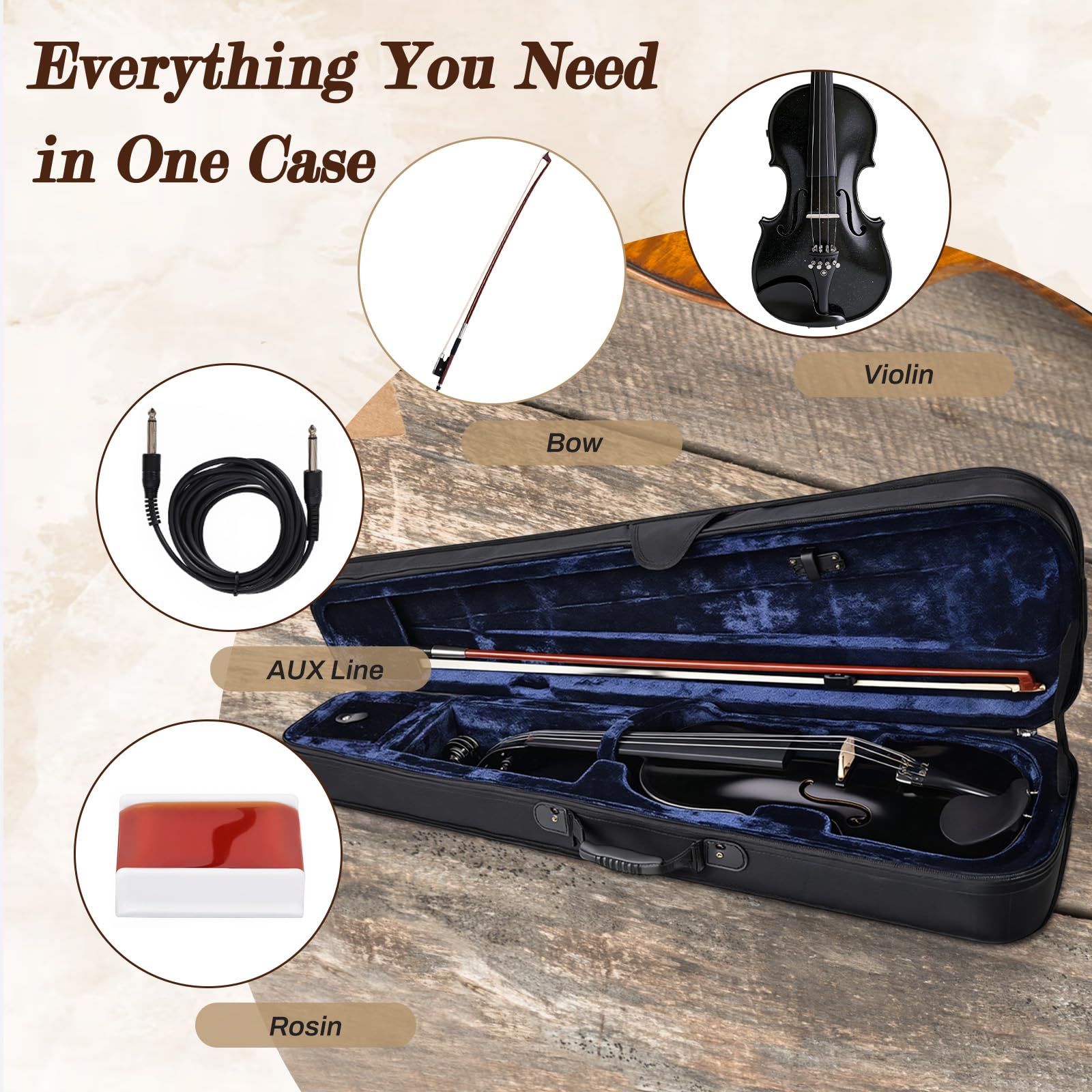 Electric/Acoustic Violin with Ebony Accessories with Carrying Case, Violin Bow, Bridge, Shoulder Rest, Stickers, Tuner, Instruction, Handcraft with Maple, Spruce (White)