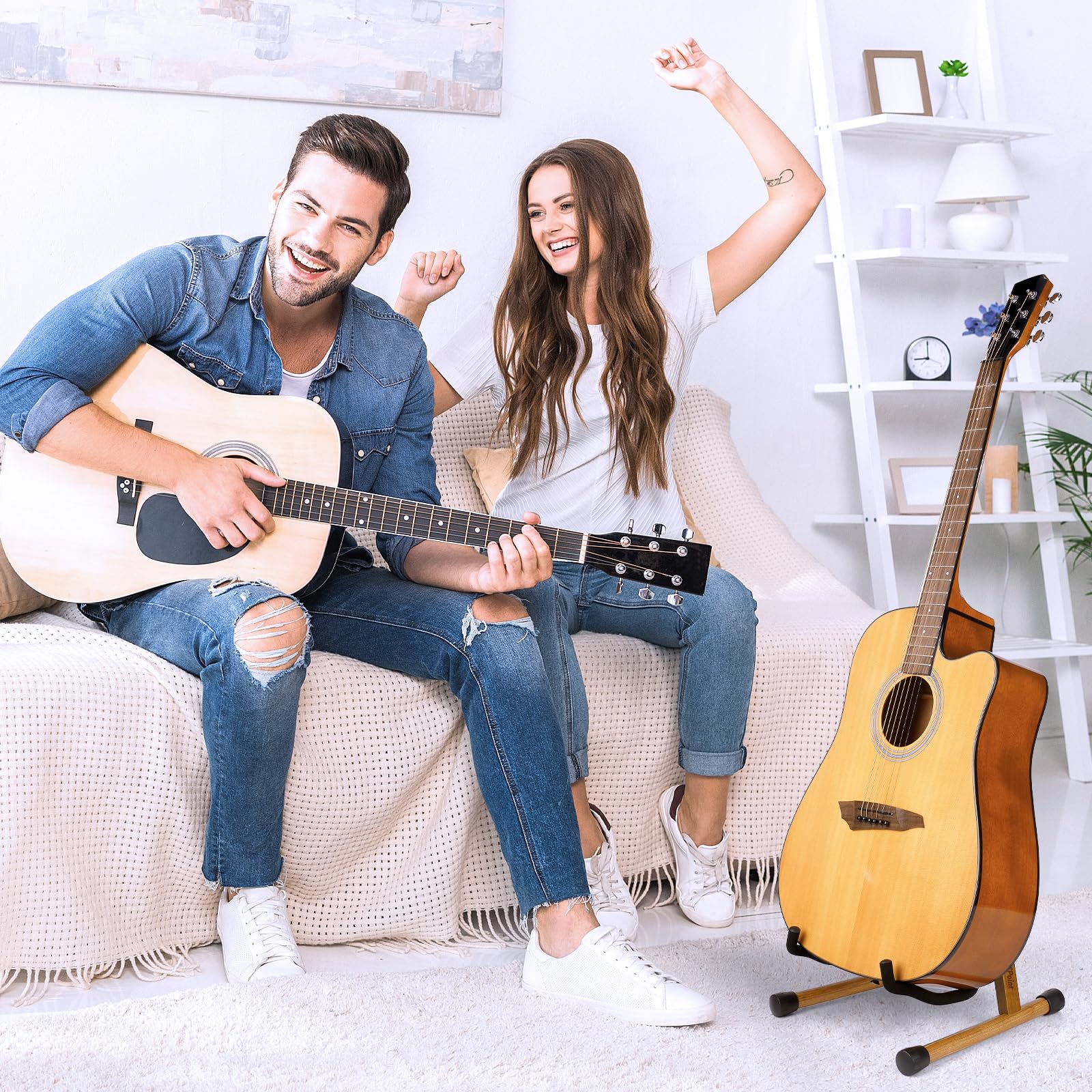 KingPoint Guitar Stand, Guitar Floor Stand, Acoustic Electric Wooden A Frame Folding Guitar Holder Adjustable for Bass, Cello, Mandolin, Banjo, Ukulele (Acacia)