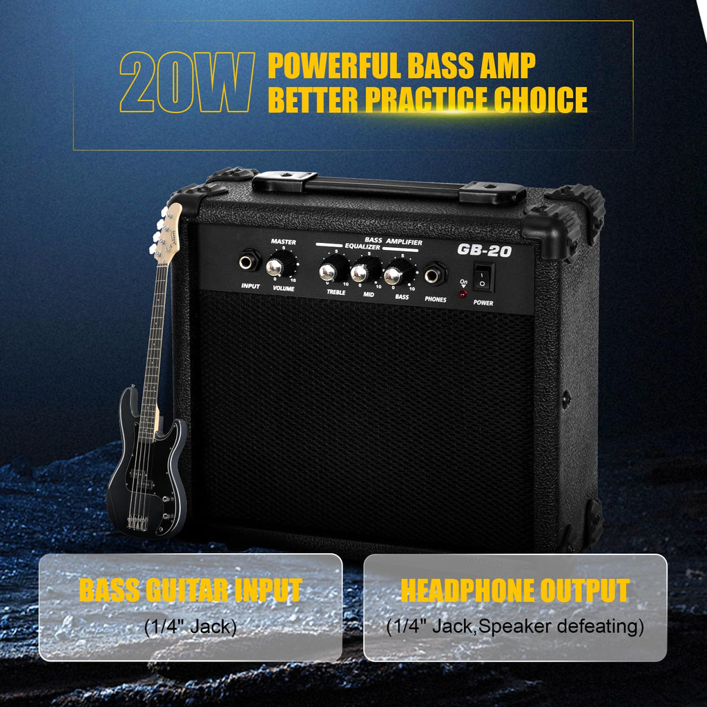 GLARRY Full Size Electric Bass Guitar Beginner Kit 4 String Exquisite Basswood Bass with 20W AMP, Cable, Strap, Bag and Accessories (Black, 39"Right Handed)