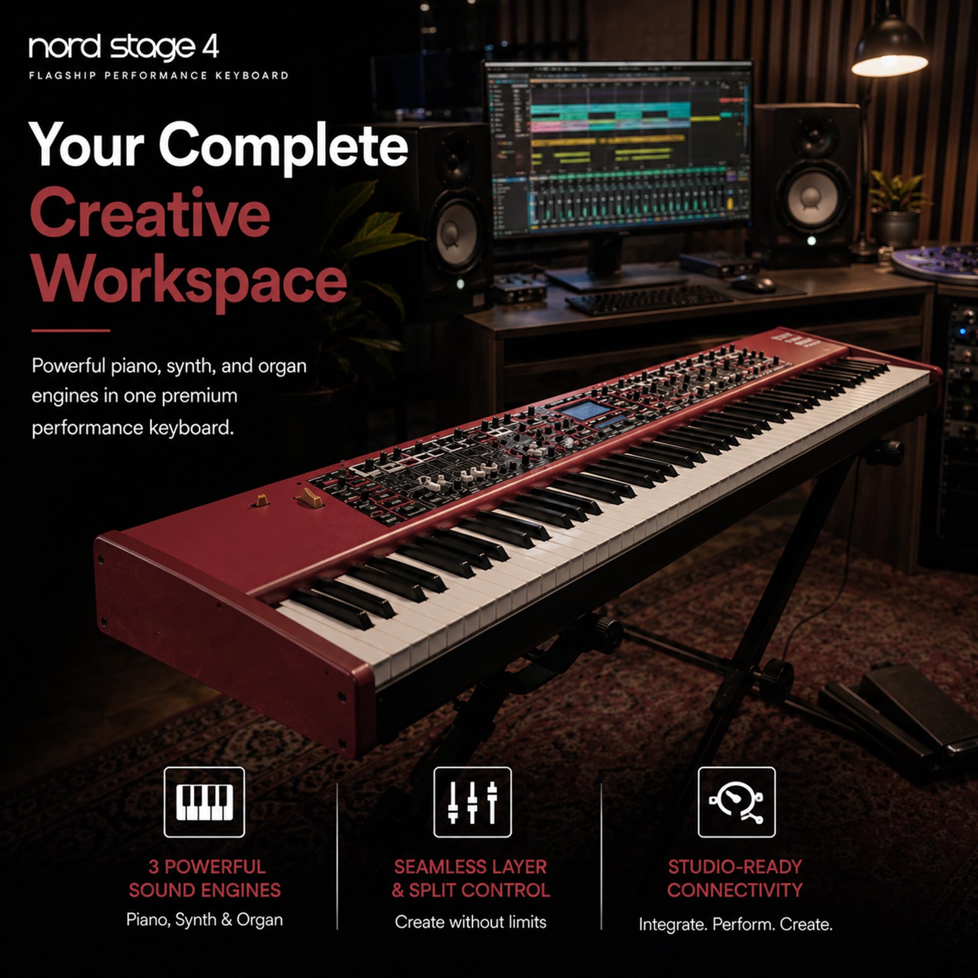 Nord Stage 4 88-Key Digital Piano Bundle with Adjustable Stand, Bench, Sustain Pedal, Headphones, Instrument Cable, and Austin Bazaar Polishing Cloth