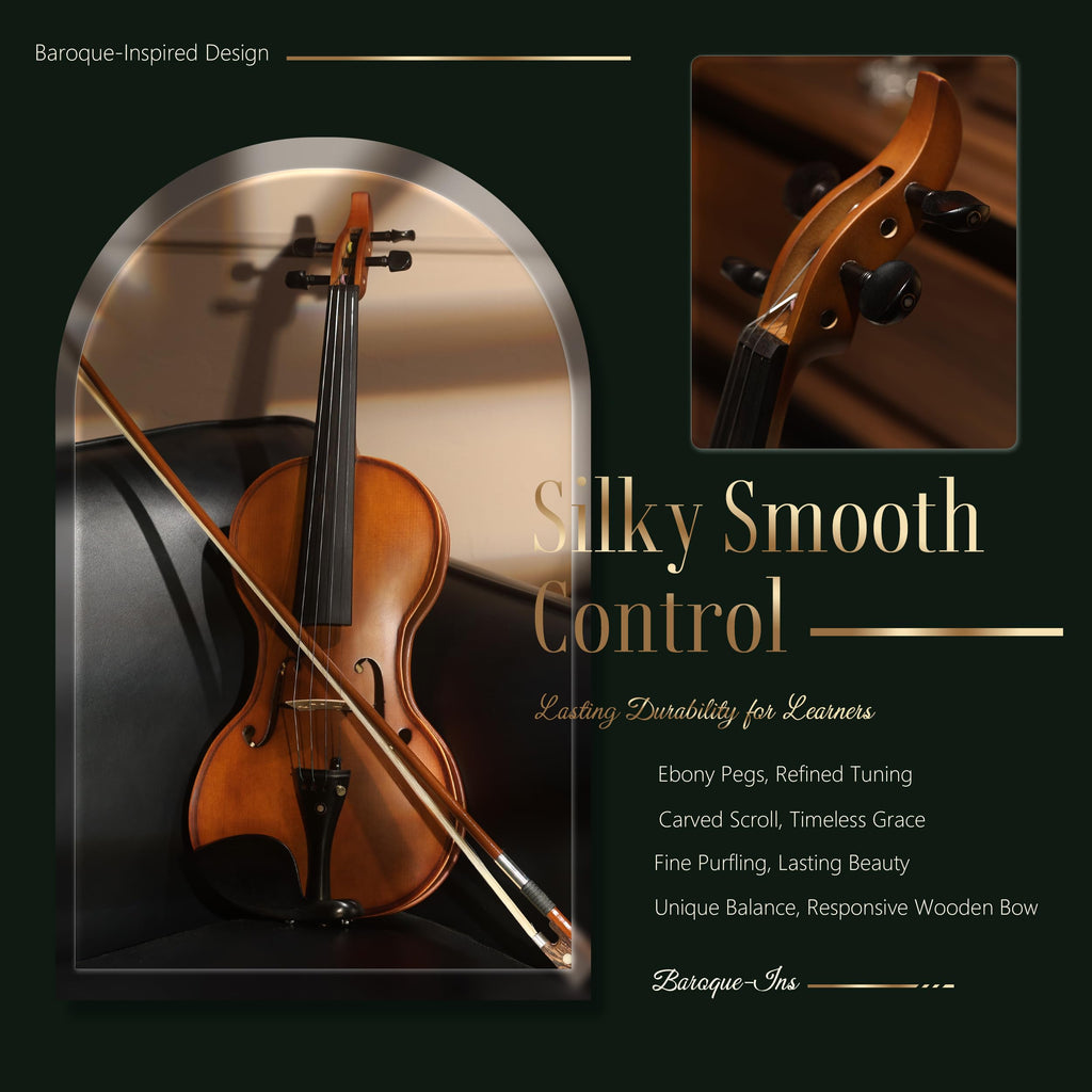 AKLOT Handcrafted Full Size Violin: Solid Wood Matte Fiddle, Acoustic Beginner 4/4 Violin Kit with Hard Case, Lesson Book, Bow, Shoulder Rest, Extra Strings, Tuner, Fretboard Stickers (VRT-AmiCS)