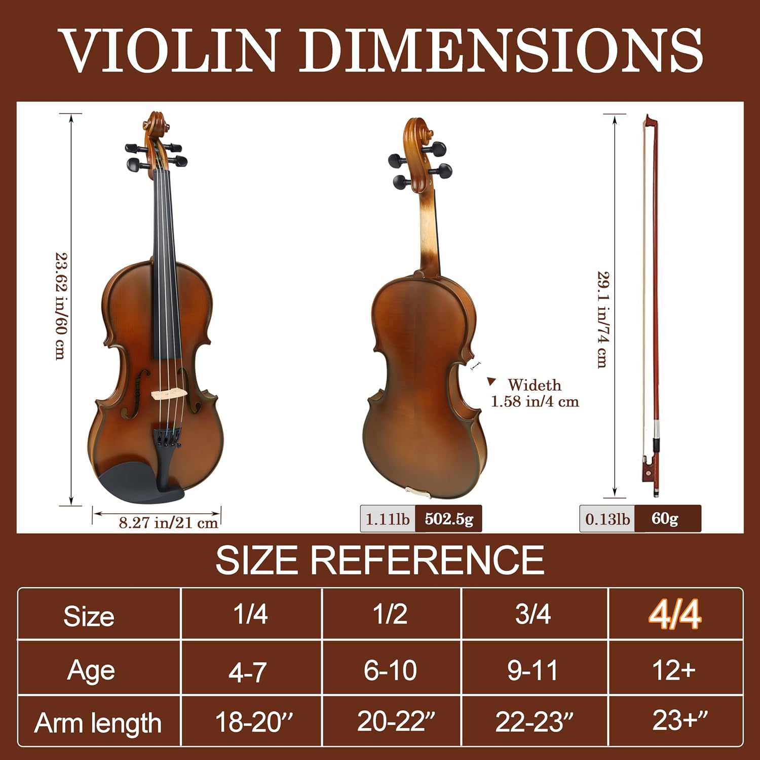 Solid Wood 4/4 Violin for Beginners – Spruce Top & Maple Back Acoustic Violin, Starter Kit with Rosewood Bow,Shoulder Rest, Extra Strings and Cleaning Cloth (Classic, Full)