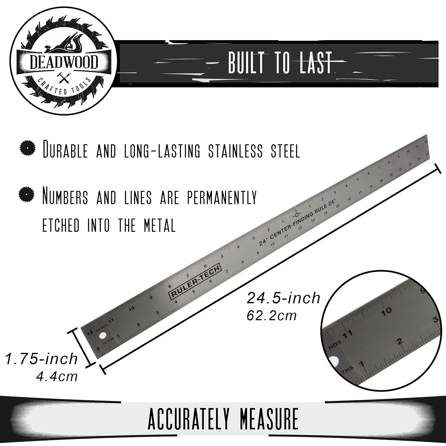 DCT Centering Ruler, 24in – Center Finding Measurer for Woodworking Rotary, Crafting, Embroidery, Guitar Luthier
