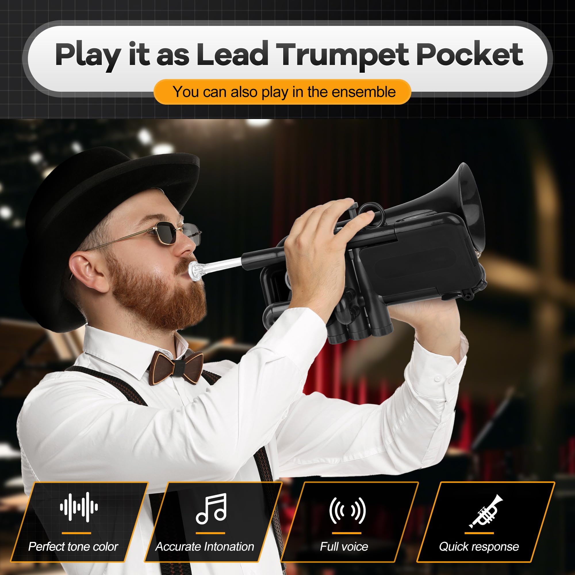 PAMPET DOLPHIN Pocket Trumpet Plastic Bb Trumpet Standard Trumpets for Student Beginner Bb Trumpets Instrument (Black)