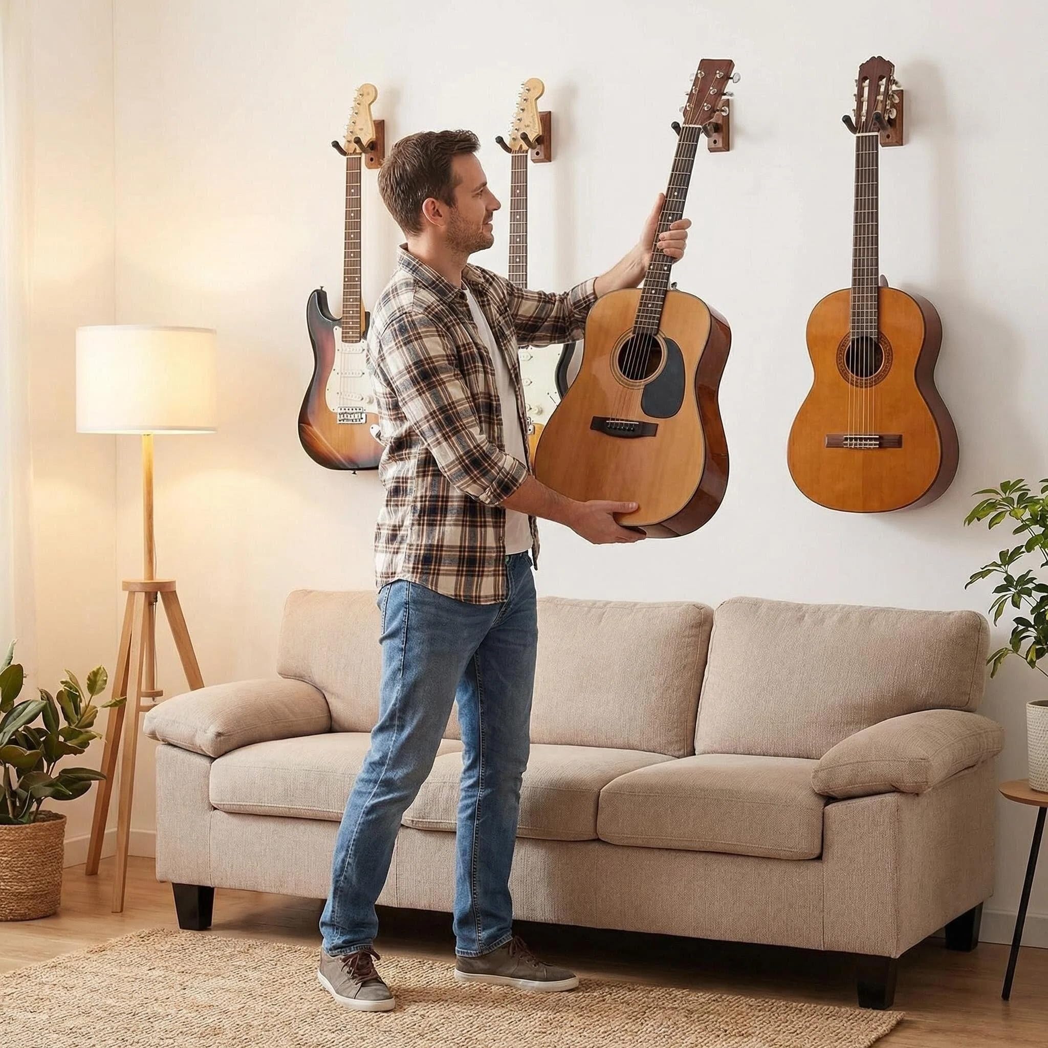 Guitar Wall Mount Hanger Brown Walnut 4 Pack, Guitar Wall Hangers Hooks Holder Stand Display with Screws - Easy to Install - Fits Guitars, Bass, Mandolin, Banjo