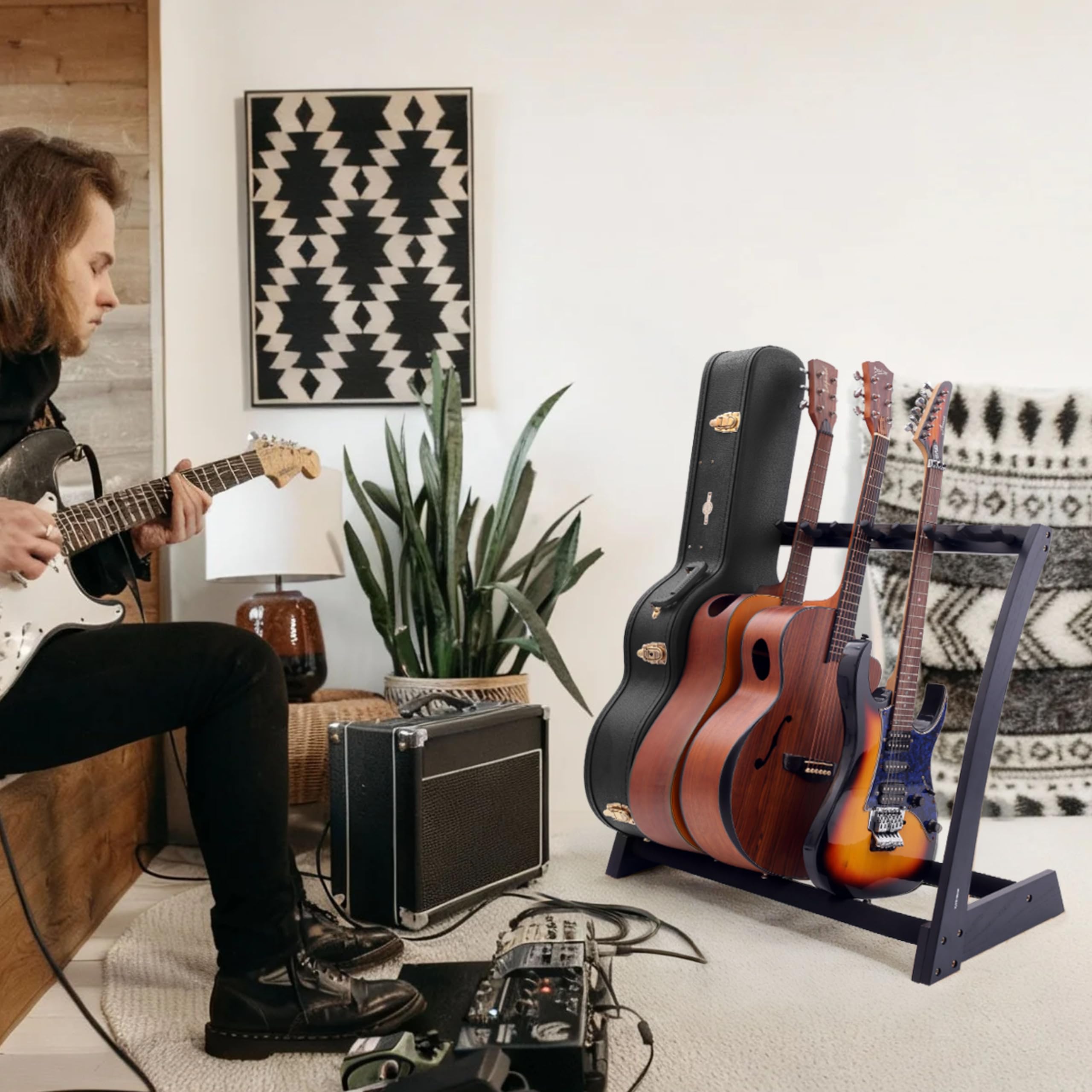 Nefelibata Guitar Stands 5 Wooden Guitar Rack Floor for Guitars and Cases, Electric, Acoustic, Bass Guitars, Cellos, German Ash