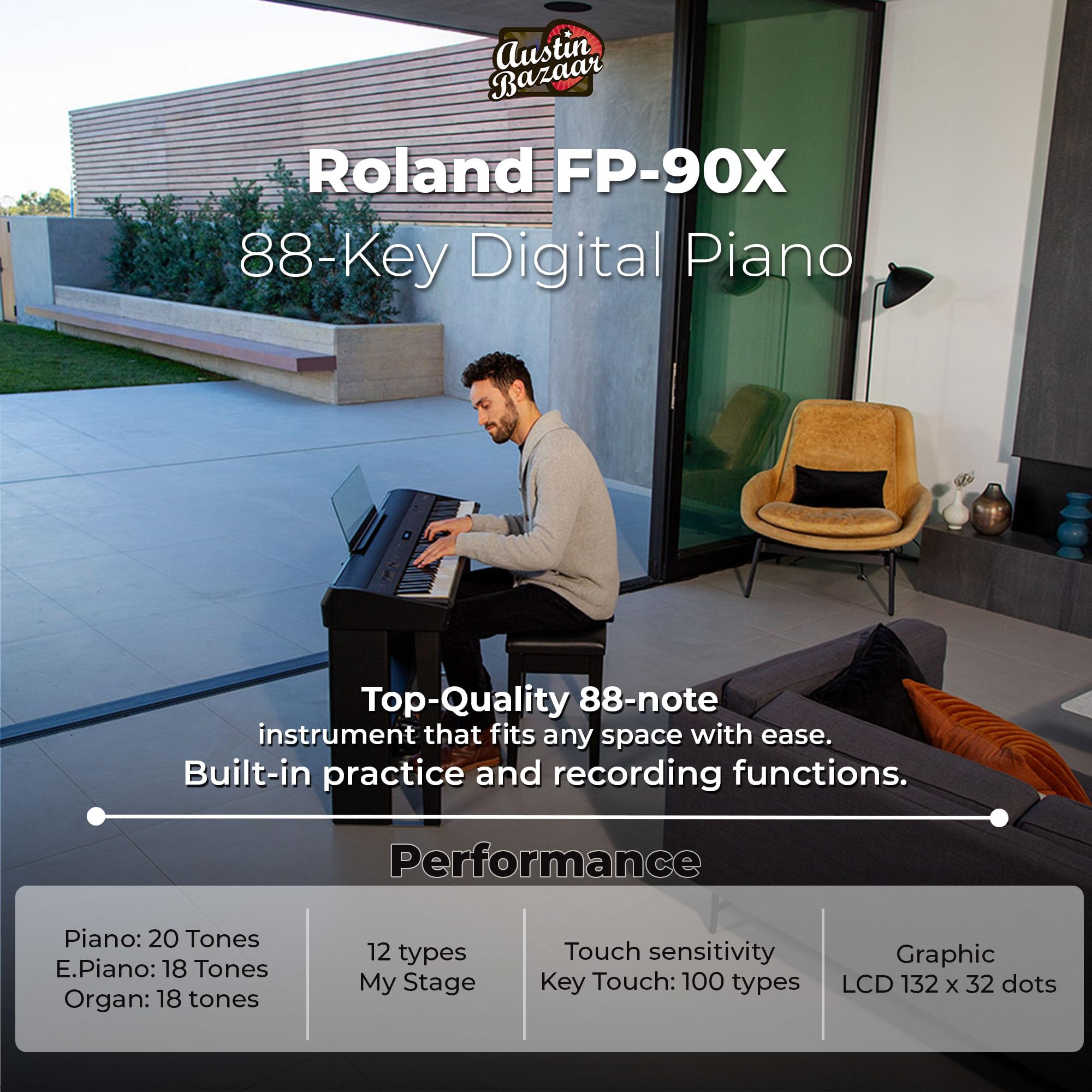 Roland FP-90X 88-Key Digital Piano - White Bundle with KSC-90 Stand, Three Pedal Unit, Bench, Online Lessons, Instructional DVD, and Austin Bazaar Polishing Cloth