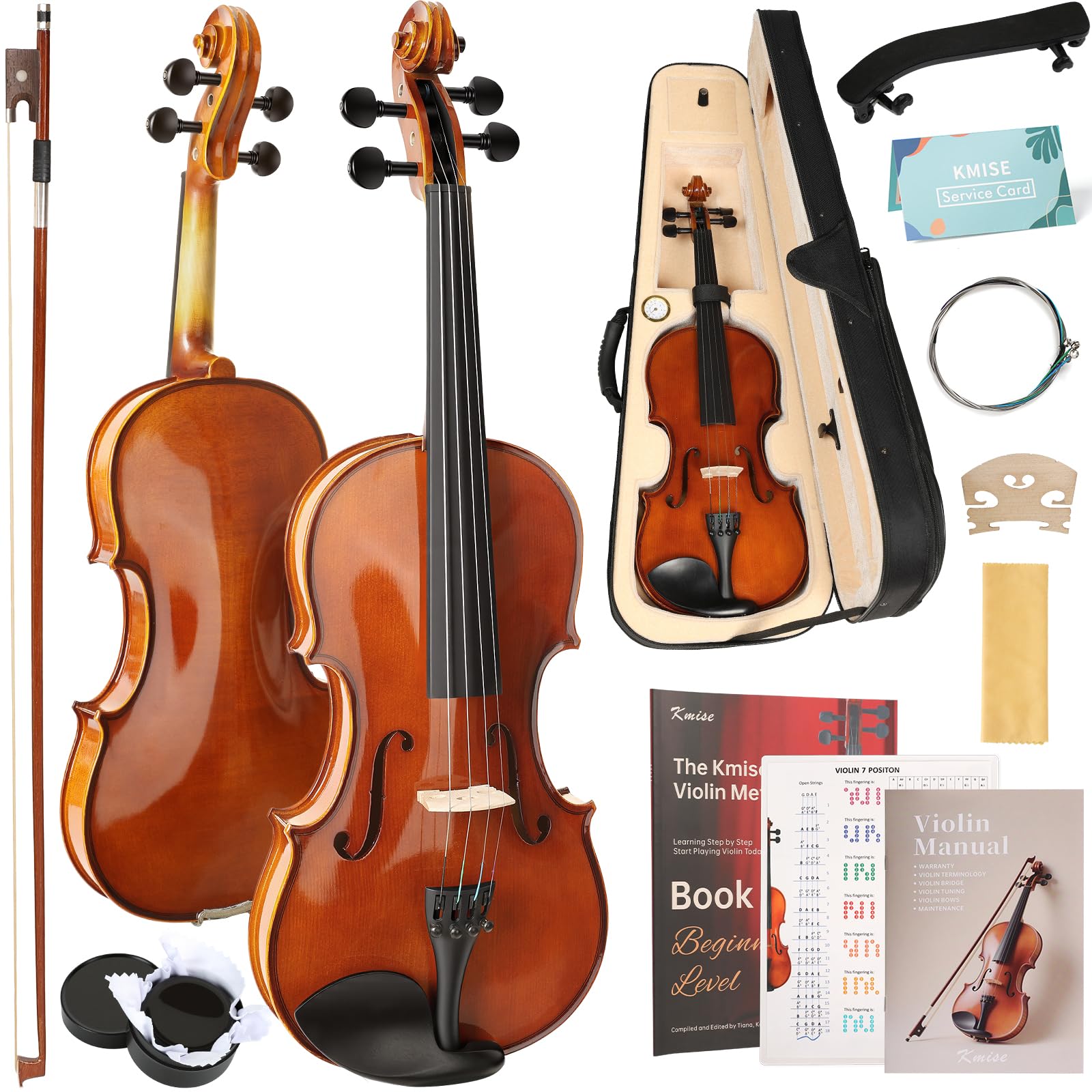 Kmise Violin 4/4 Full Set, Fingerboard Fret Markings Violins, Matte Acoustic Fiddle for Adults, Beginners, Students with Violin Case, Rosin, Strings, Bow, Shoulder Rest, Beginner's Guide (Matte, 4/4)