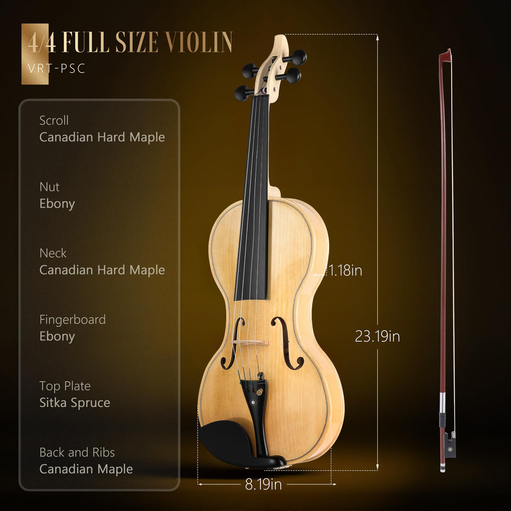 AKLOT Handcrafted Full Size Violin: Solid Wood Matte Fiddle, Acoustic Beginner 4/4 Violin Kit with Hard Case, Lesson Book, Bow, Shoulder Rest, Extra Strings, Tuner, Fretboard Stickers (VRT-AmiCS)