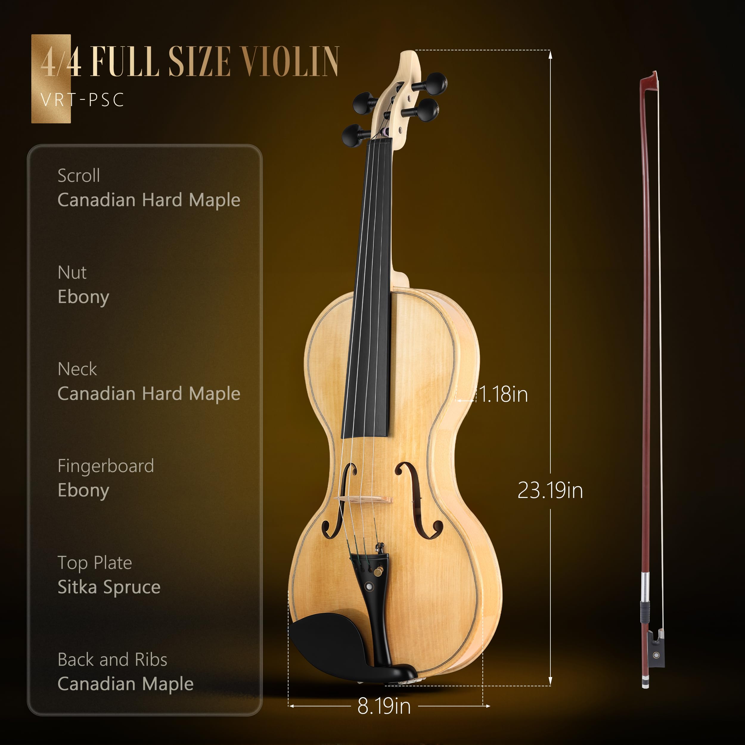 AKLOT Handcrafted Full Size Violin: Solid Wood Matte Fiddle, Acoustic Beginner 4/4 Violin Kit with Hard Case, Lesson Book, Bow, Shoulder Rest, Extra Strings, Tuner, Fretboard Stickers (VRT-AmiCS)