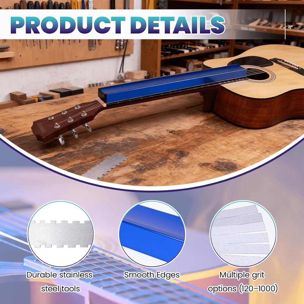 Complete Fret Leveling Kit with 18" Beam, Notched Ruler, Sandpaper (120–1000 Grit), Fret Rocker, Crowning File & Guitar Setup Tools – Guitar & Bass Maintenance Kit
