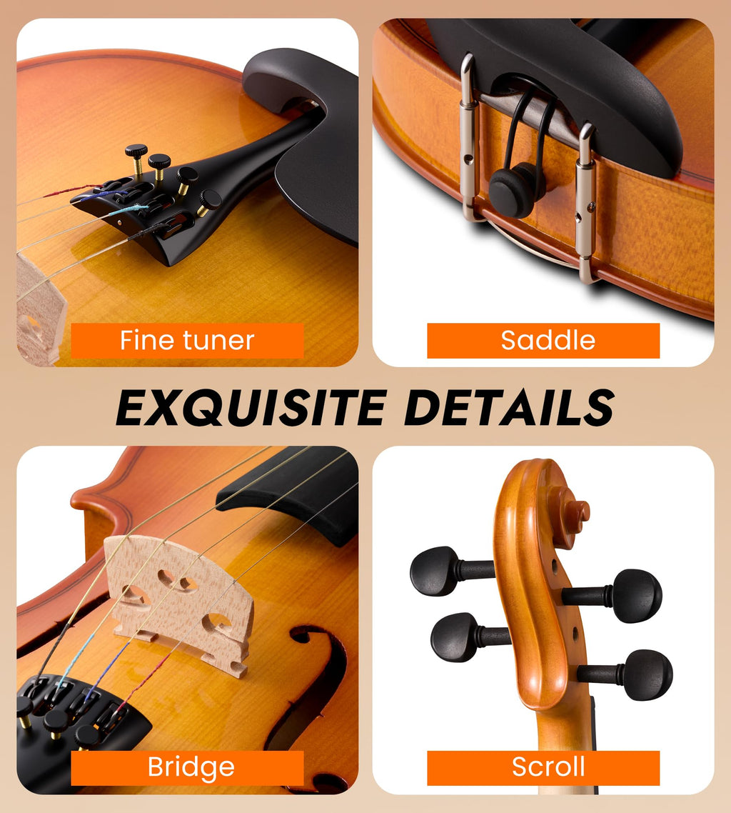 Tostar Acoustic Violin Full Size 4/4 Violin Set Starter Kit with Carrying Case, Violin Bow, Bridge, Rosin, Shoulder Rest, Stickers, Instruction Extra Strings for Beginner Retro Matte