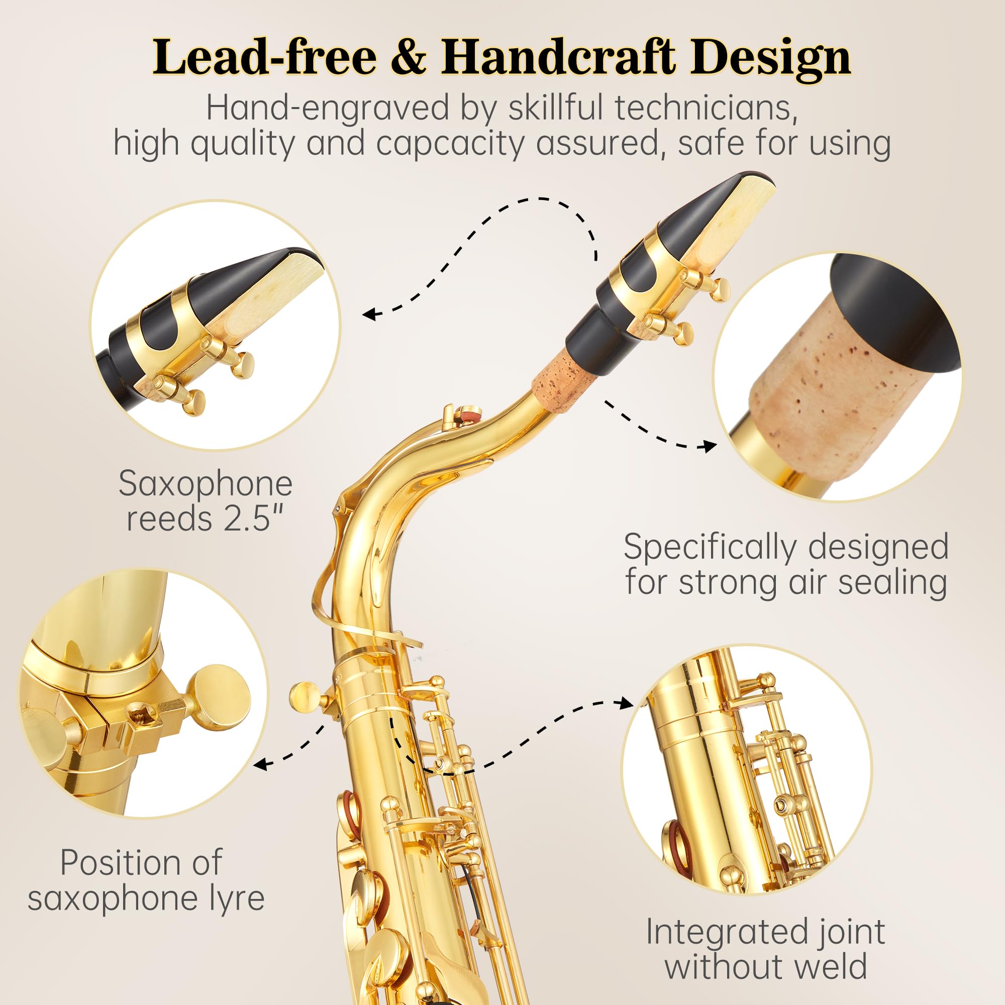 Garvee Alto Saxophone Copper Body Electroplated Gold Finish Beginner Friendly Music Instrument for Students and School Band Practice
