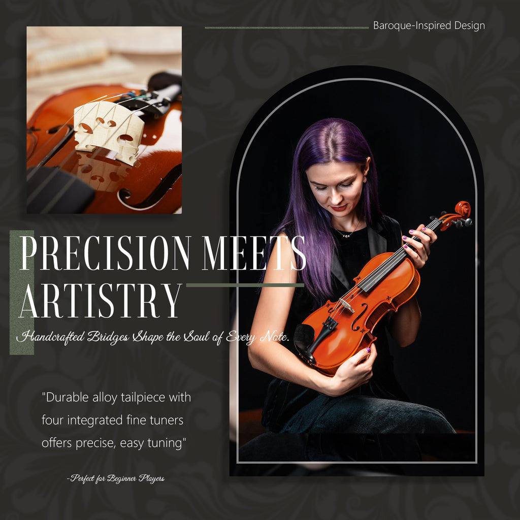 AKLOT Handcrafted Full Size Violin: Solid Wood Matte Fiddle, Acoustic Beginner 4/4 Violin Kit with Hard Case, Lesson Book, Bow, Shoulder Rest, Extra Strings, Tuner, Fretboard Stickers (VRT-AmiCS)